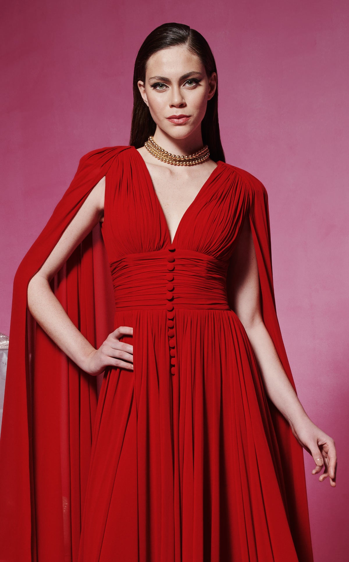 aptivating Red Couture Gown with Majestic Cape Sleeves F02845
