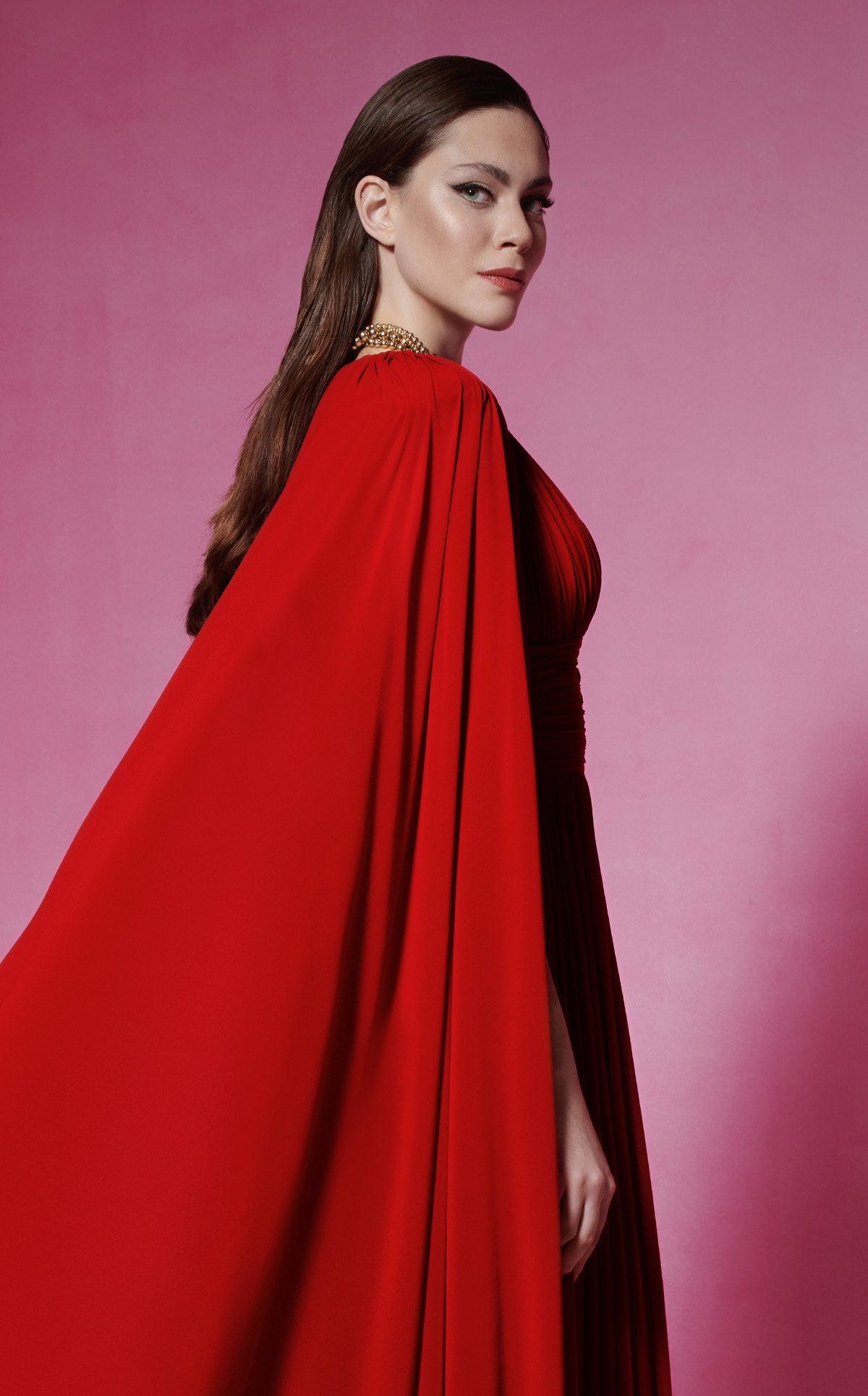 aptivating Red Couture Gown with Majestic Cape Sleeves F02845