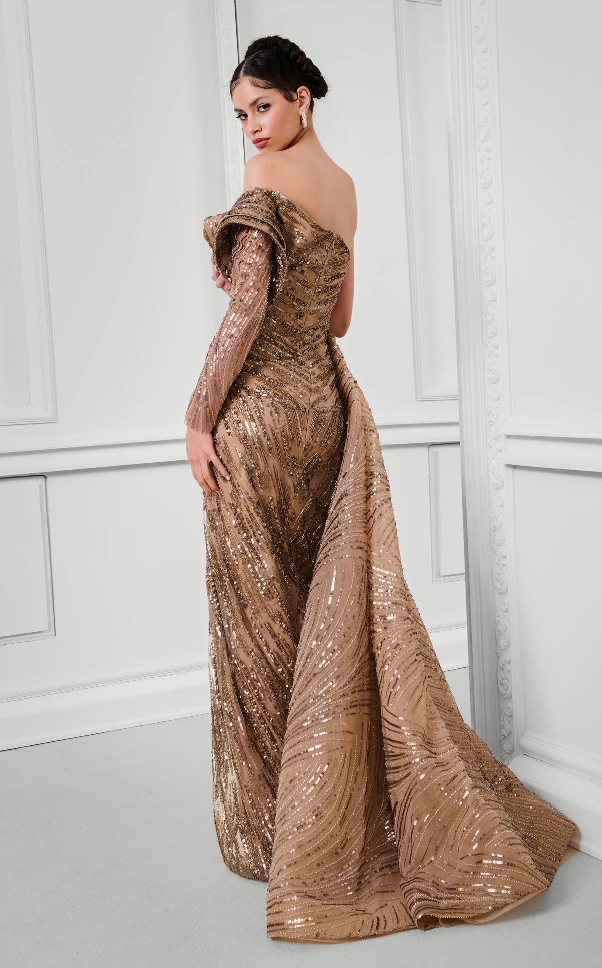 Gold Sequin Gown with Floral Waist Detail Where to buy F02897B