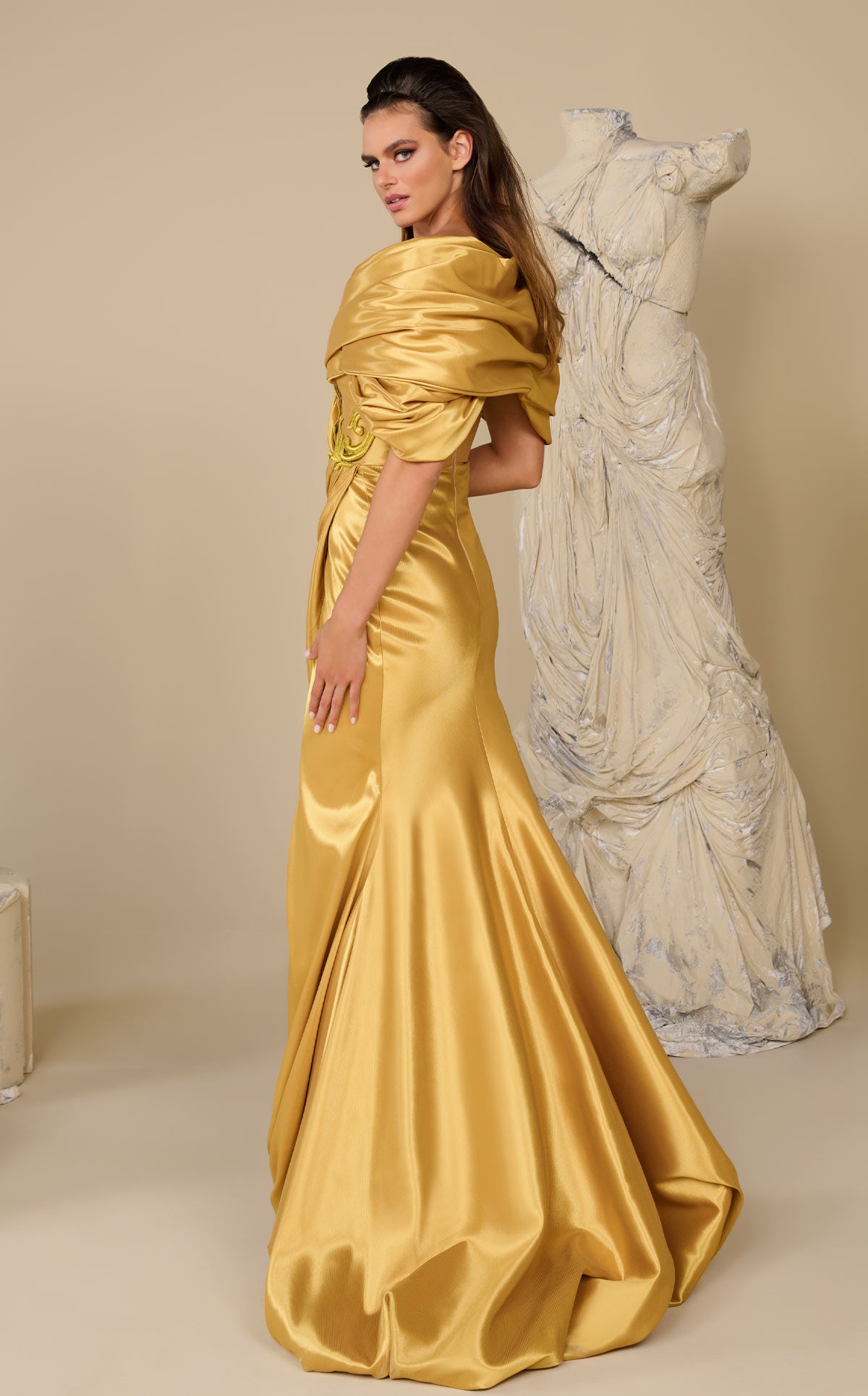 Elegant Golden Drape Evening Gown - V-Neck Long Sleeve Formal Dress F02946