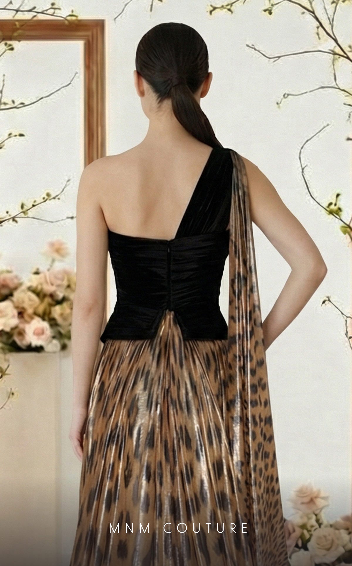 Fouad Sarkis F02953A: Tiger Velvet & Chiffon Asymmetrical Gown