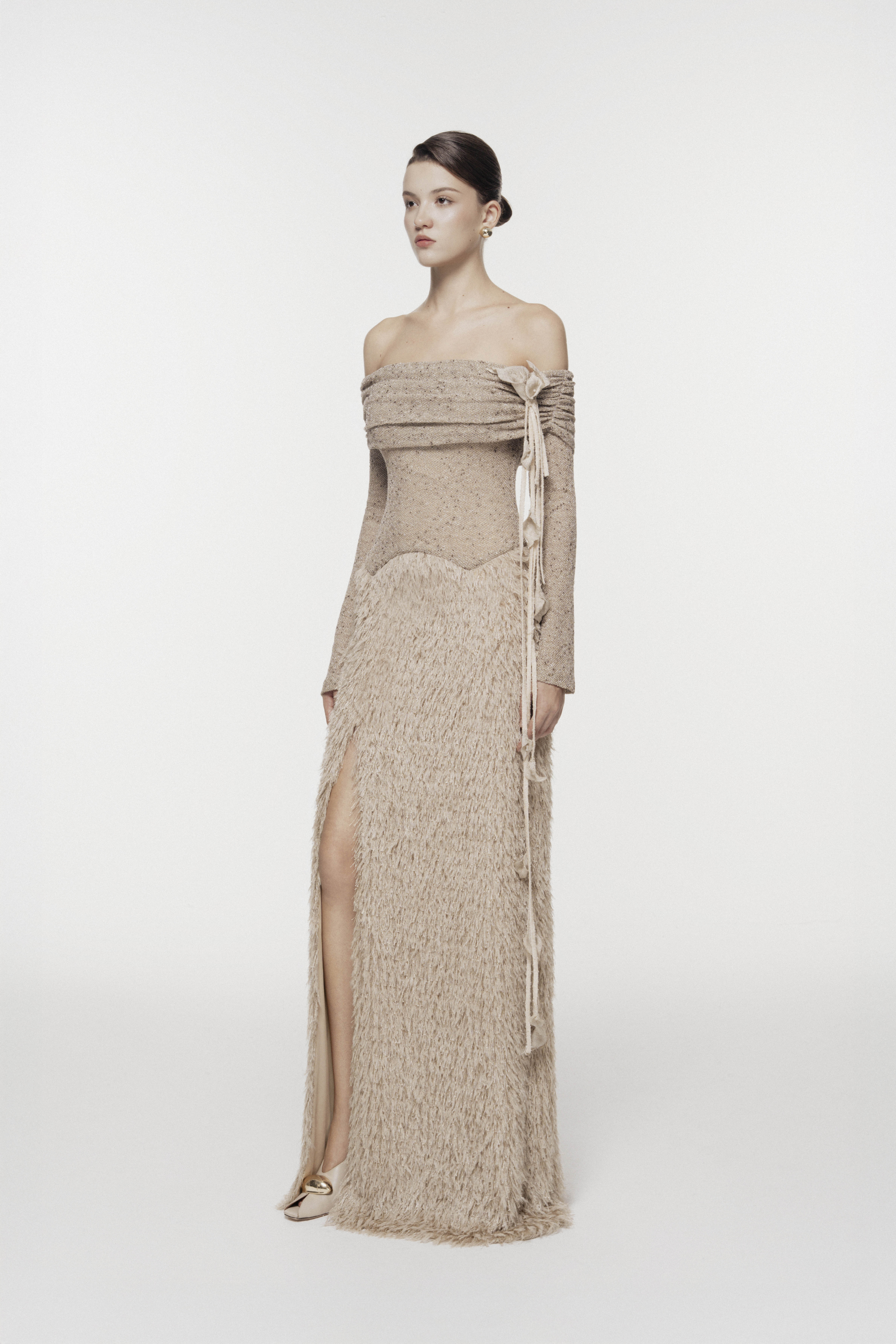 Feathered Off-Shoulder Midi Dress