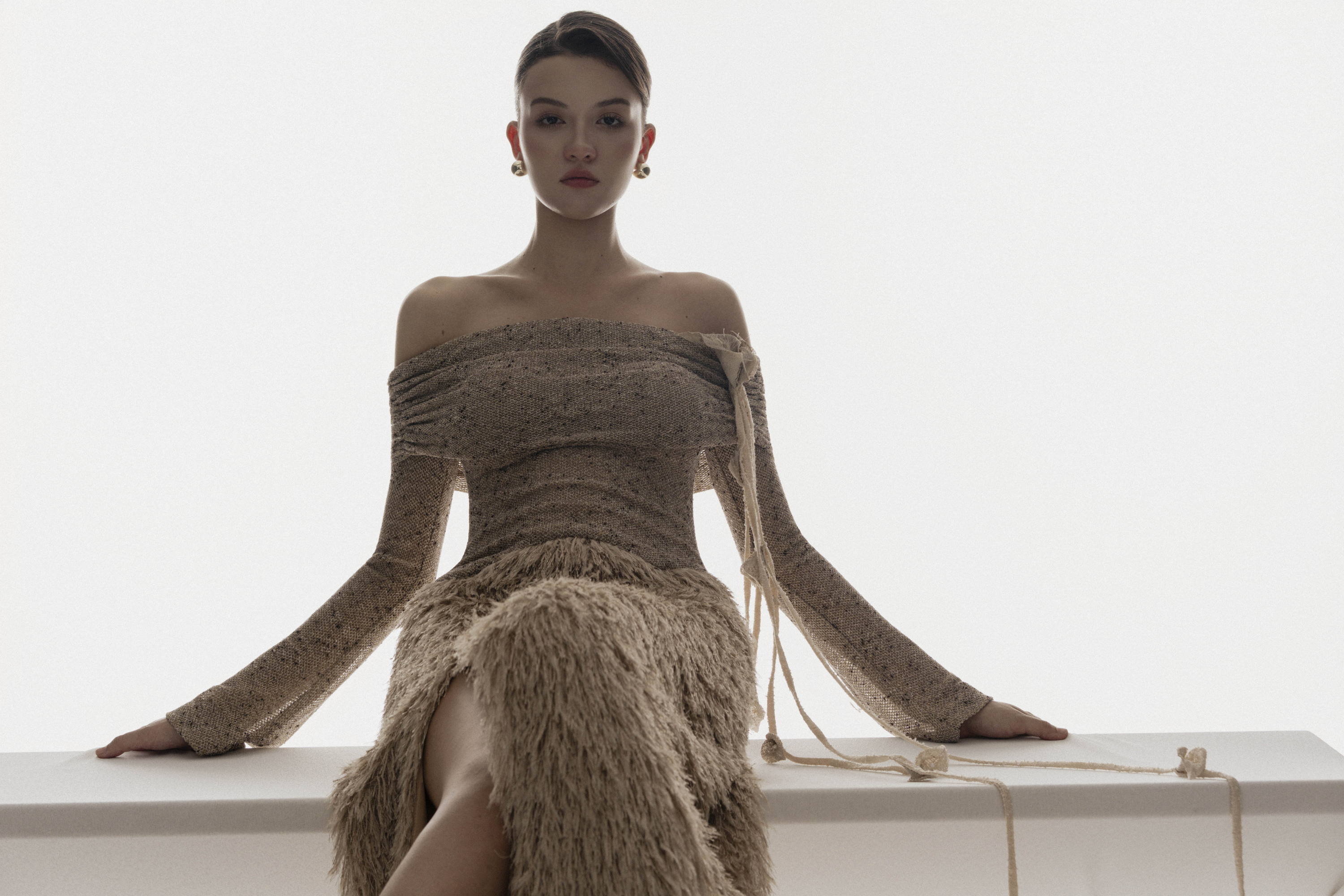 Feathered Off-Shoulder Midi Dress