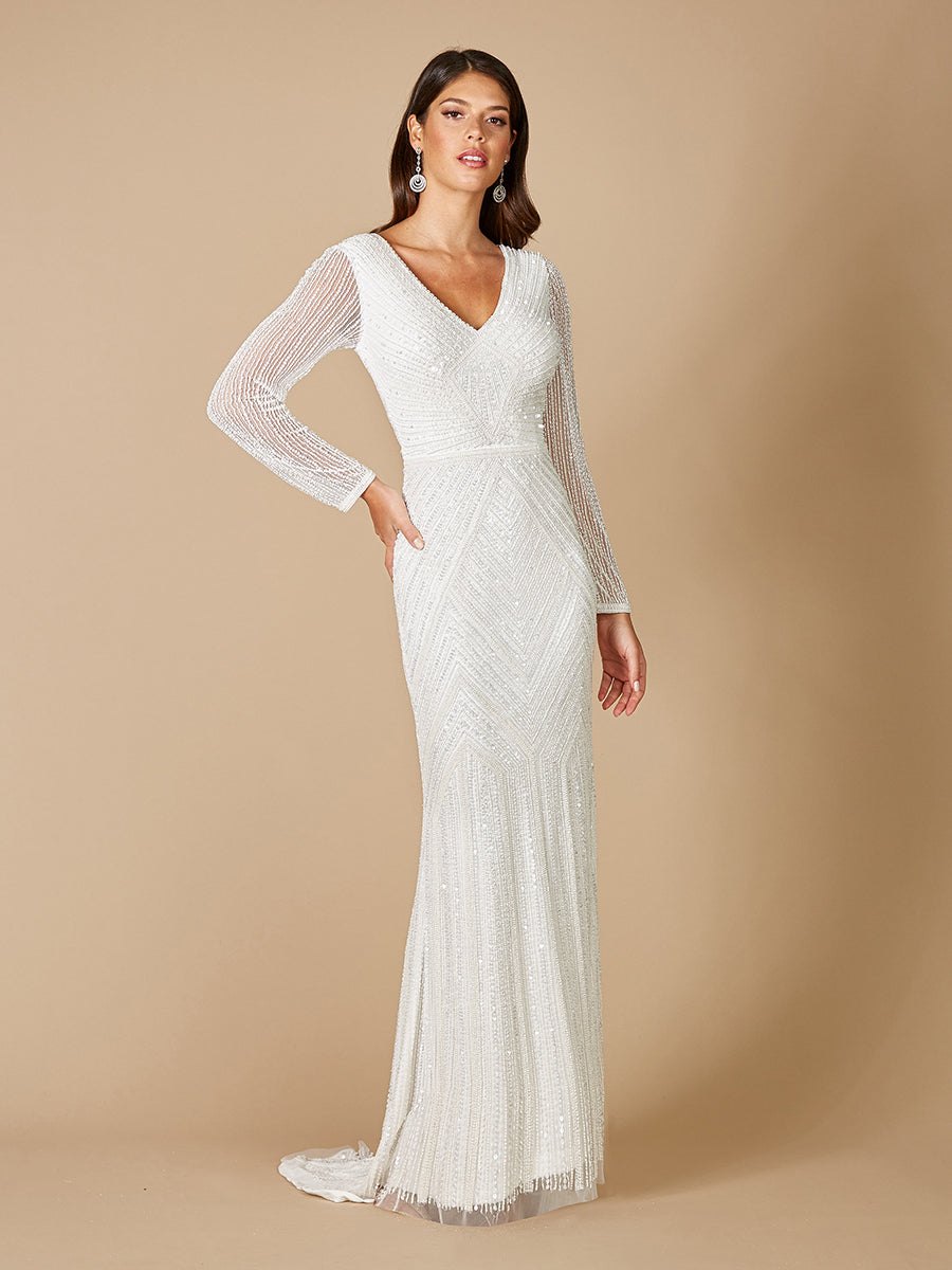 Finley Sheer Sleeve Wedding Gown with Tie Back Detail 51088