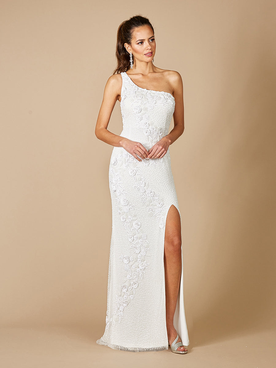 Fleur One Shoulder Floral Beaded Wedding Gown with Slit 51081