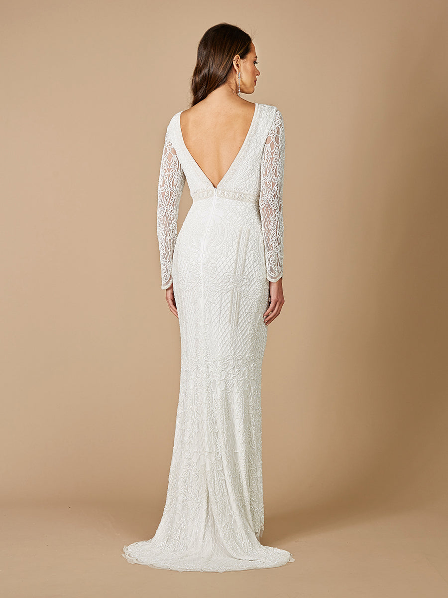 Flora Beaded Long Sleeve Wedding Gown with Plunging V-Neck 51090