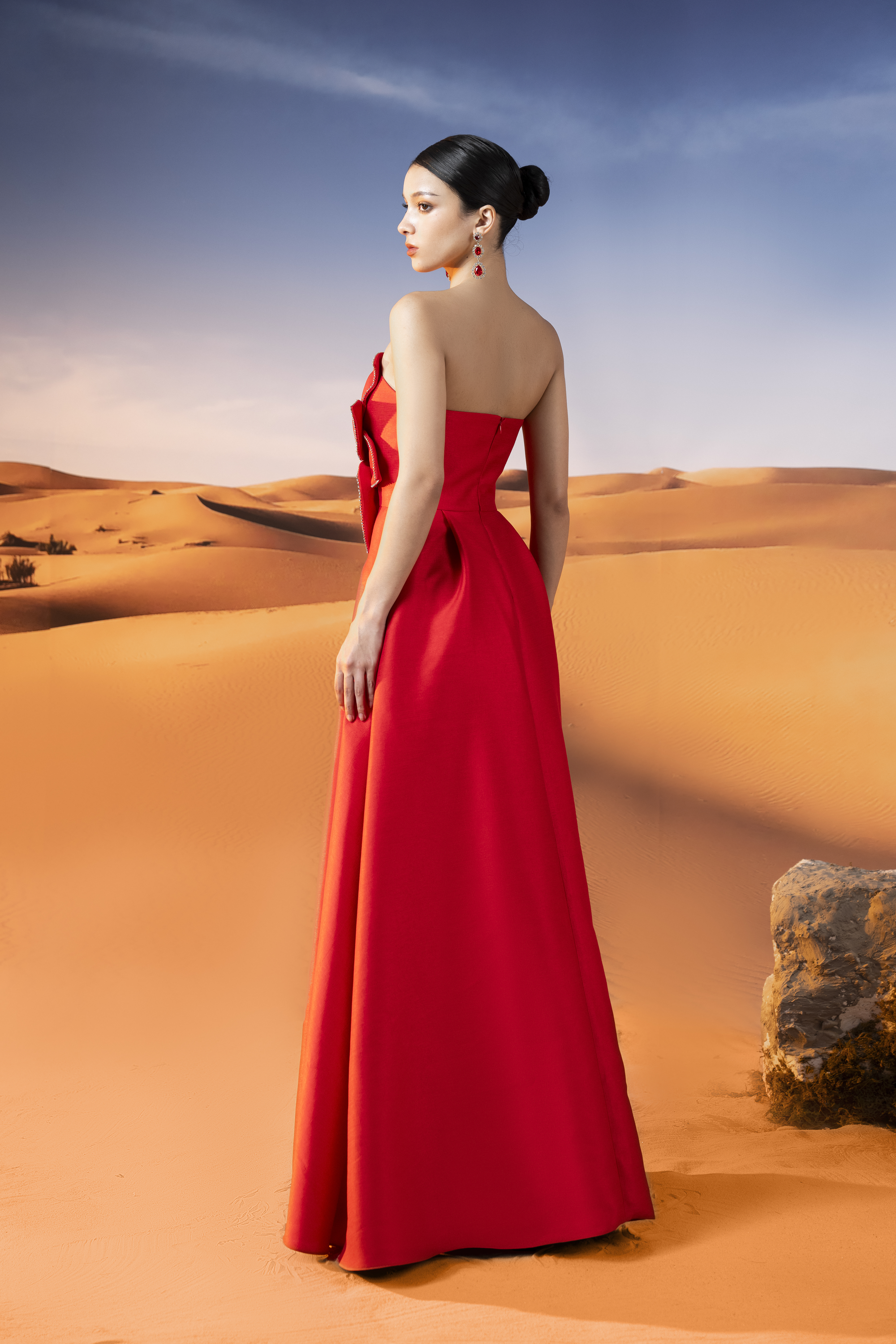 Floral Appliqué Strapless Red Ball Gown