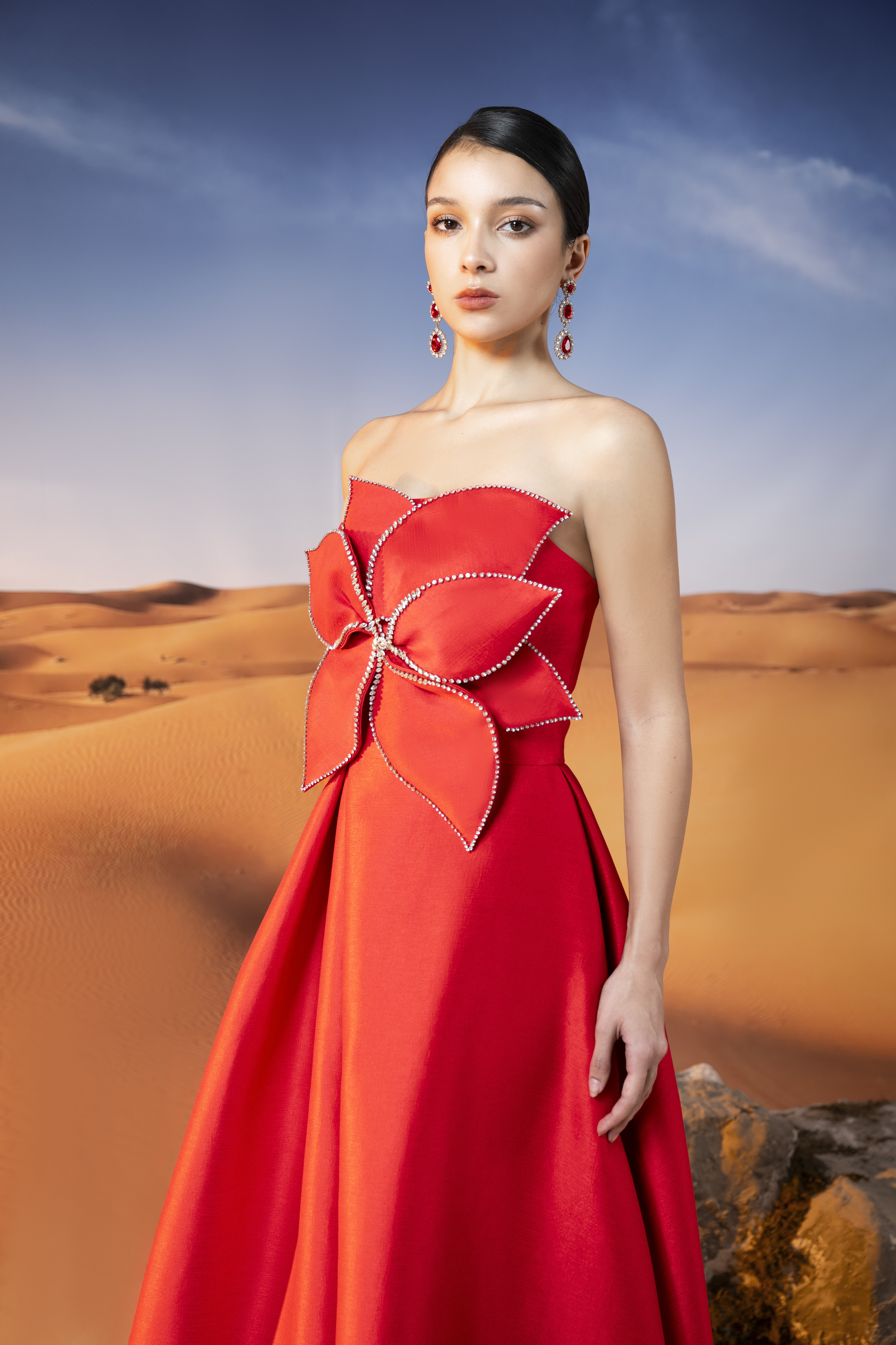 Floral Appliqué Strapless Red Ball Gown