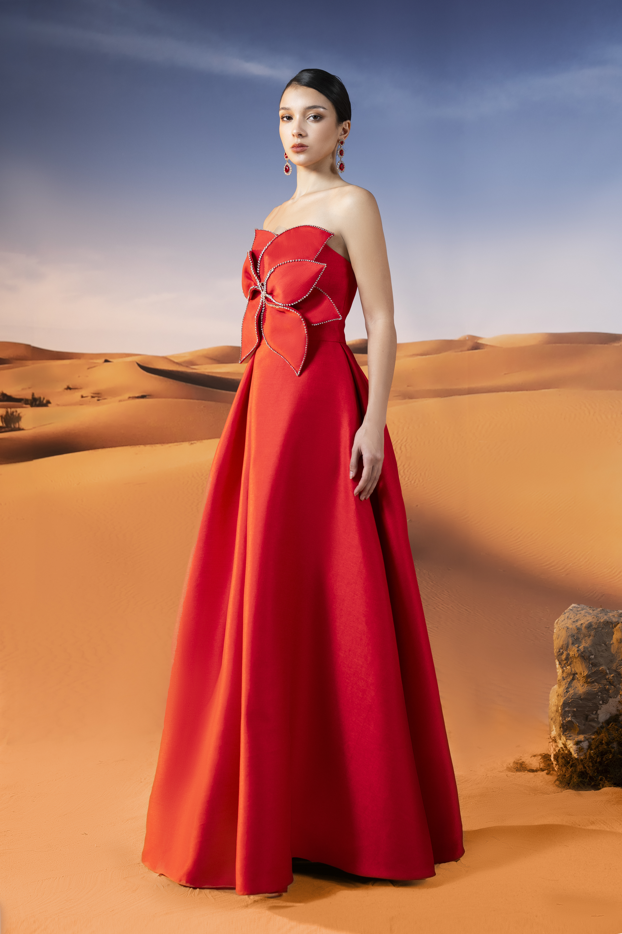 Floral Appliqué Strapless Red Ball Gown