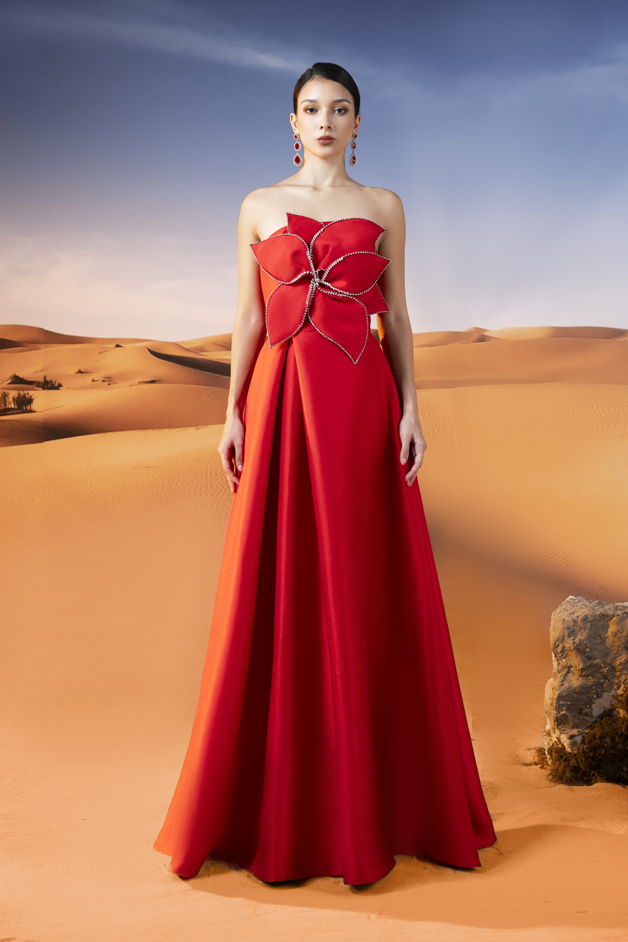 Floral Appliqué Strapless Red Ball Gown