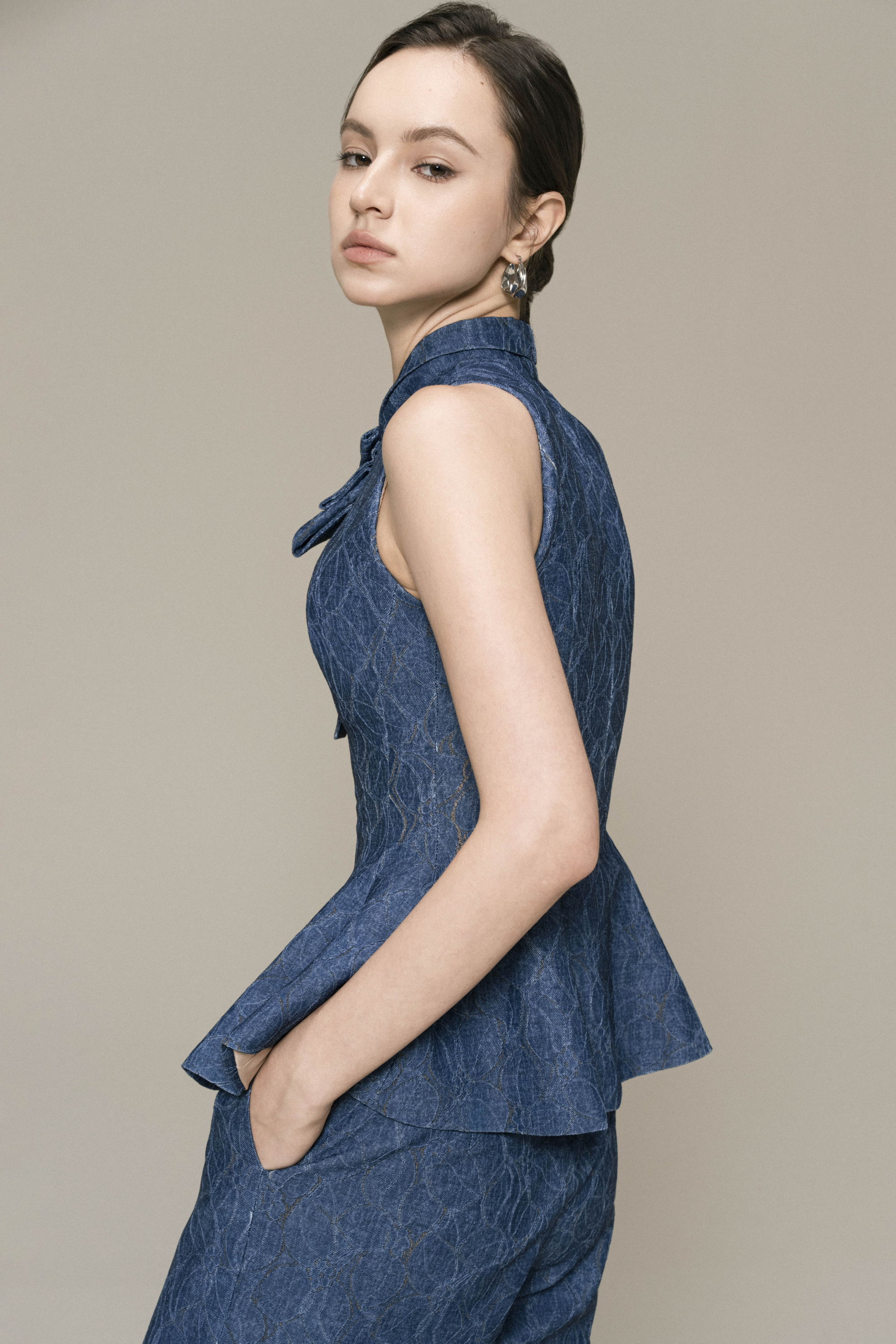 Floral Denim sleeveless Top & Basic Trousers
