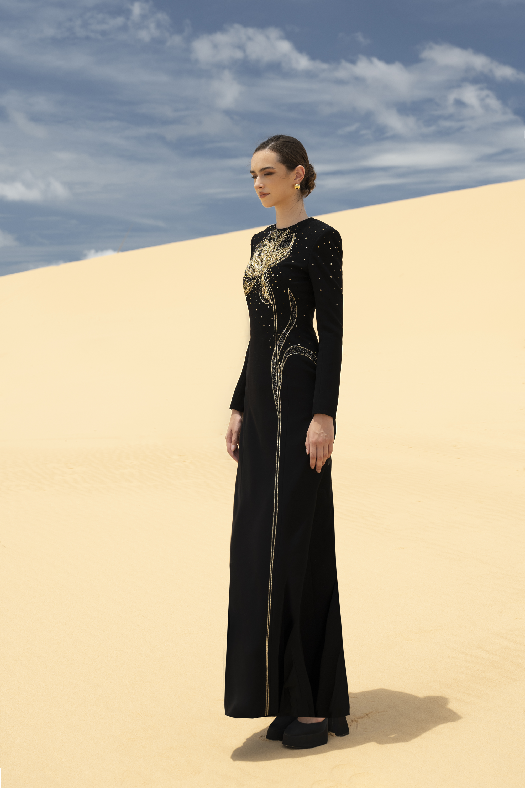 Floral Embellished Black Column Maxi Gown