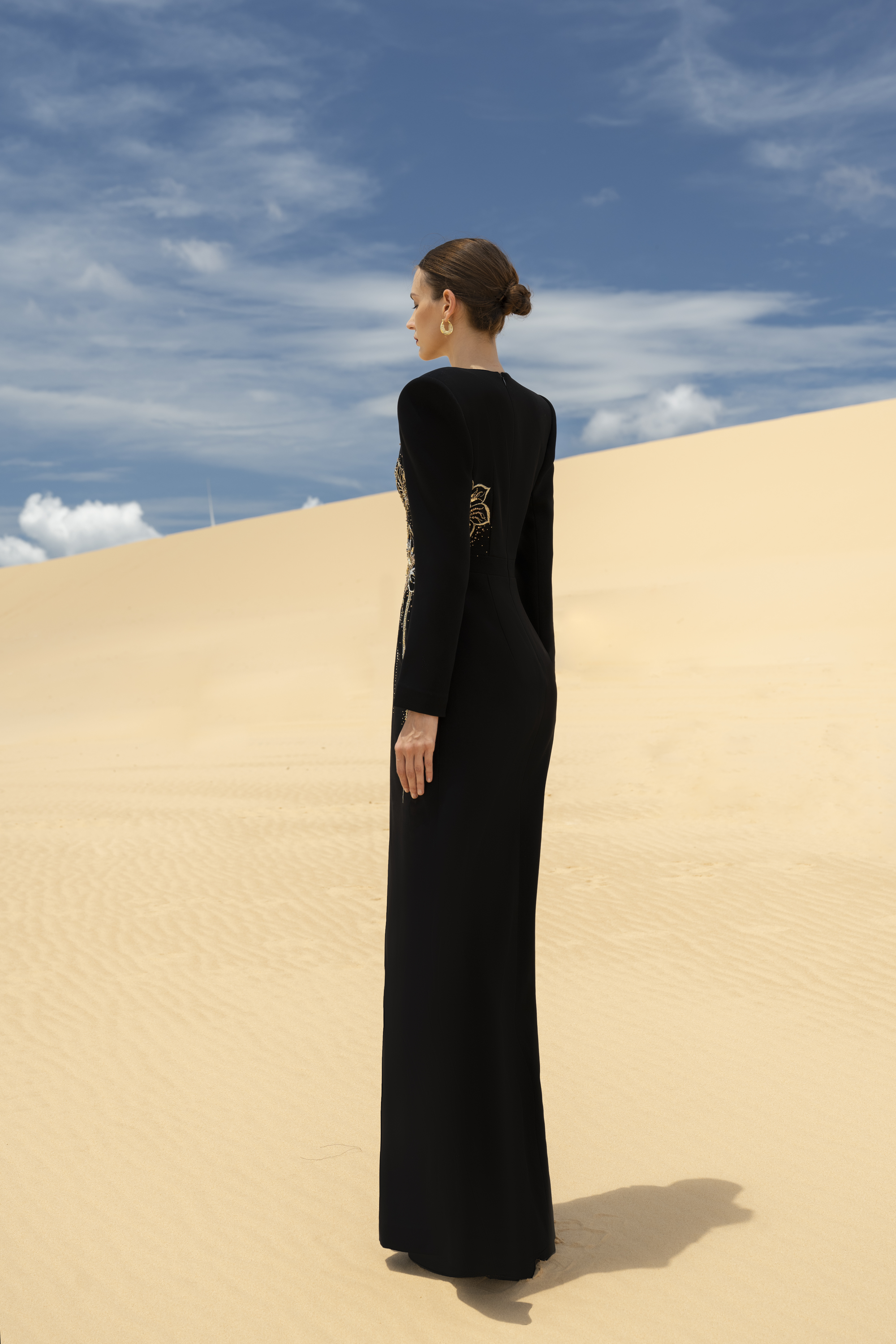Floral Embellished Black Column Maxi Gown