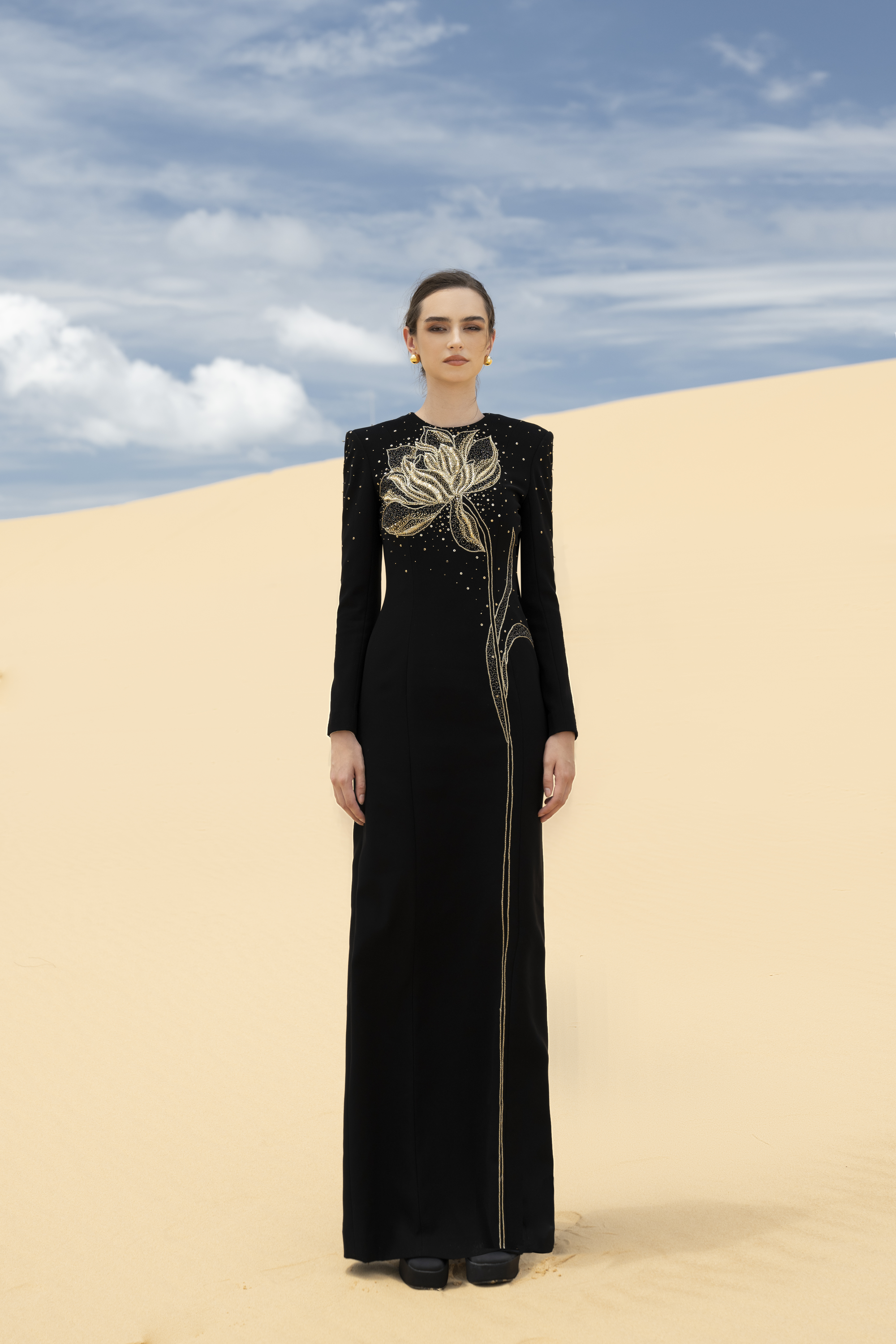 Floral Embellished Black Column Maxi Gown