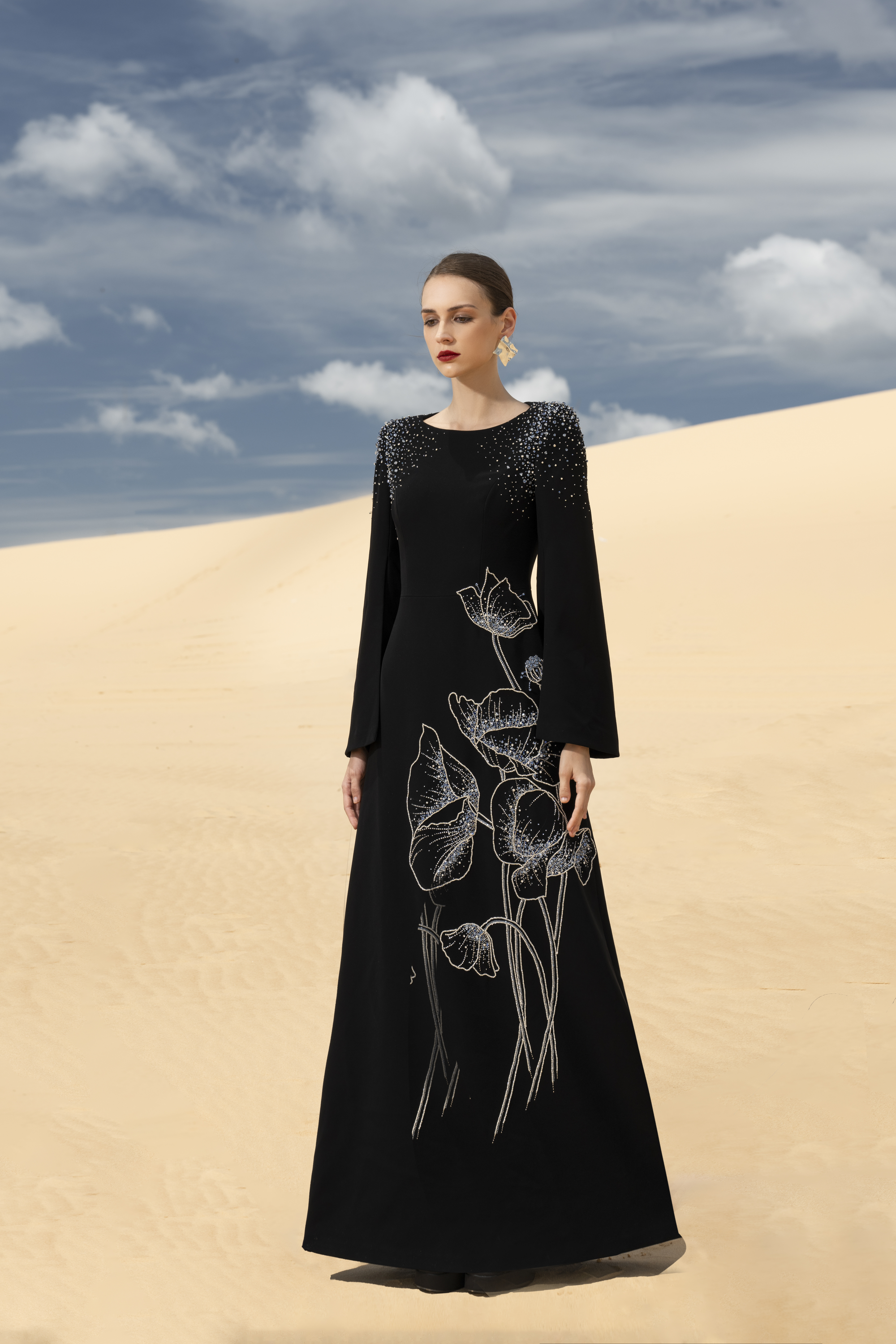 Floral Embellished Black Flared Sleeve Maxi Gown