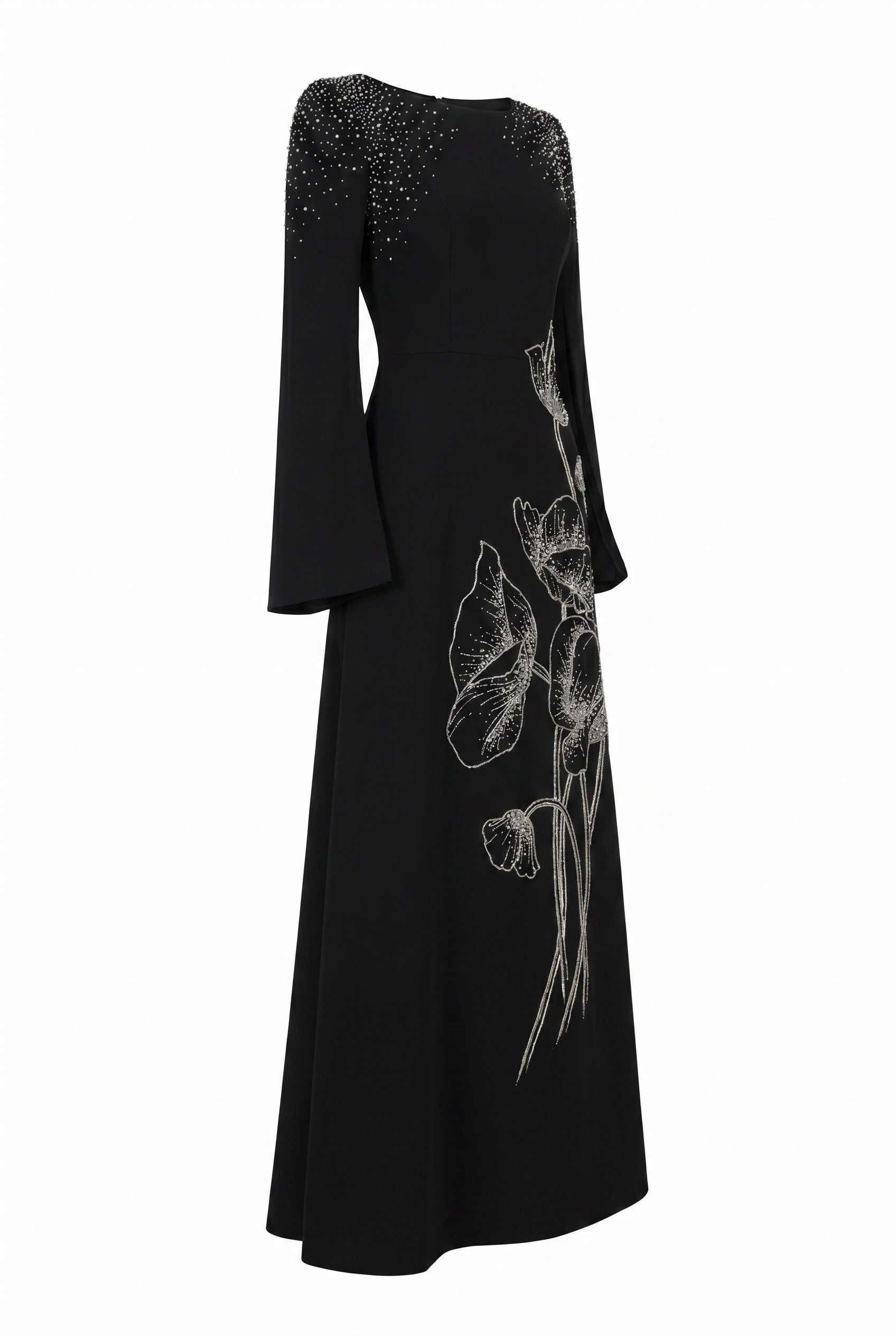 Floral Embellished Black Flared Sleeve Maxi Gown