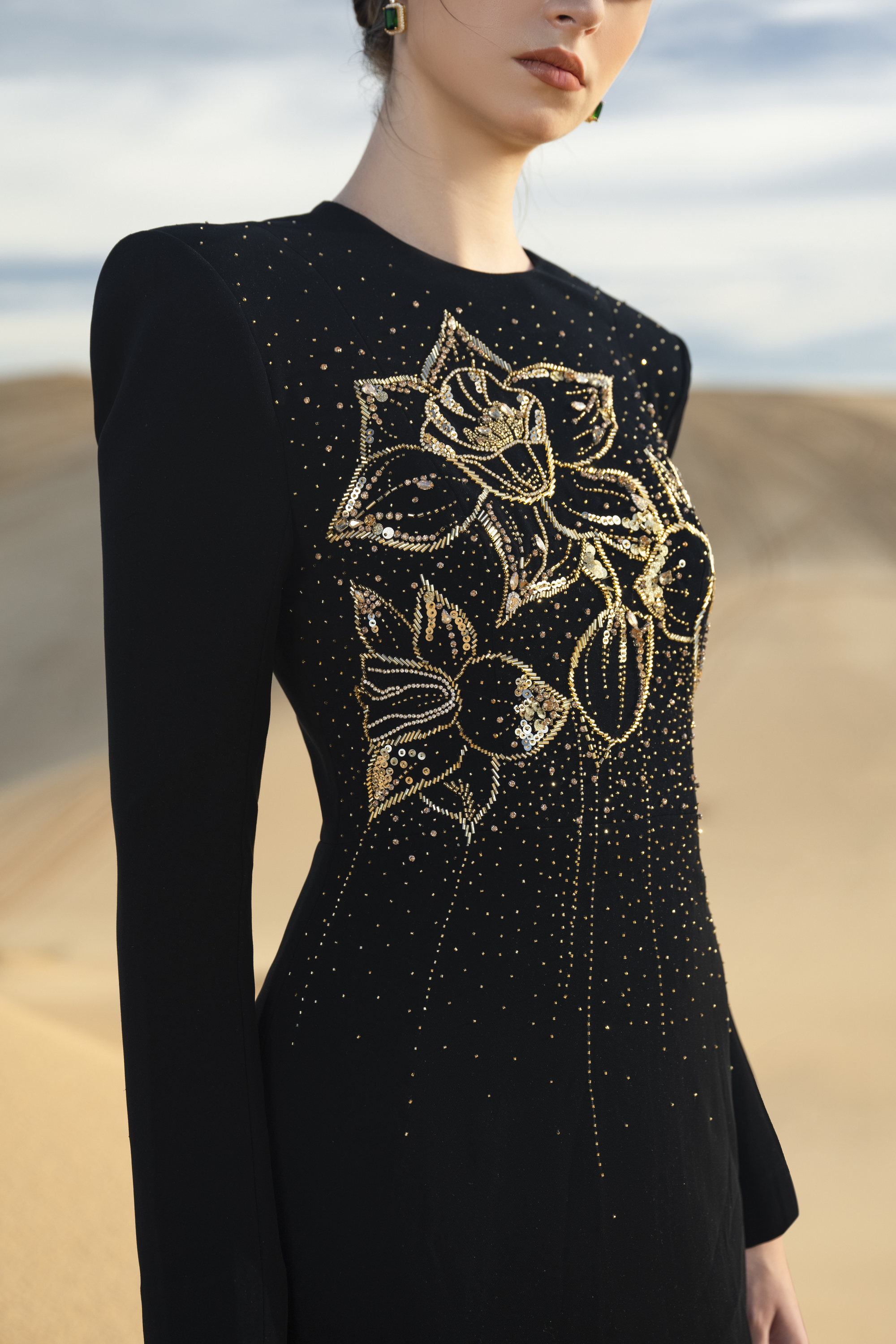 Floral Embellished Black Structured Maxi Gown