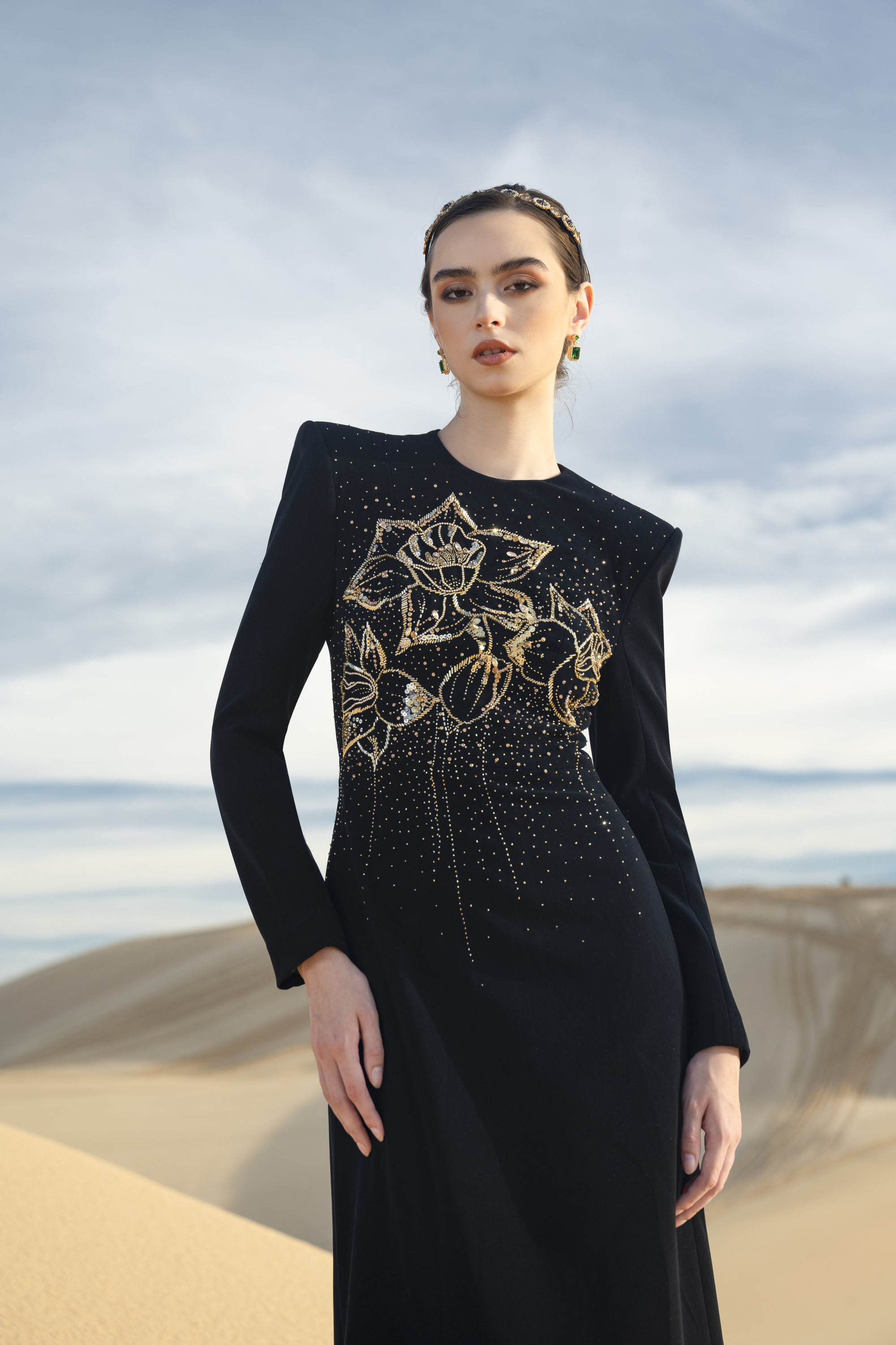 Floral Embellished Black Structured Maxi Gown