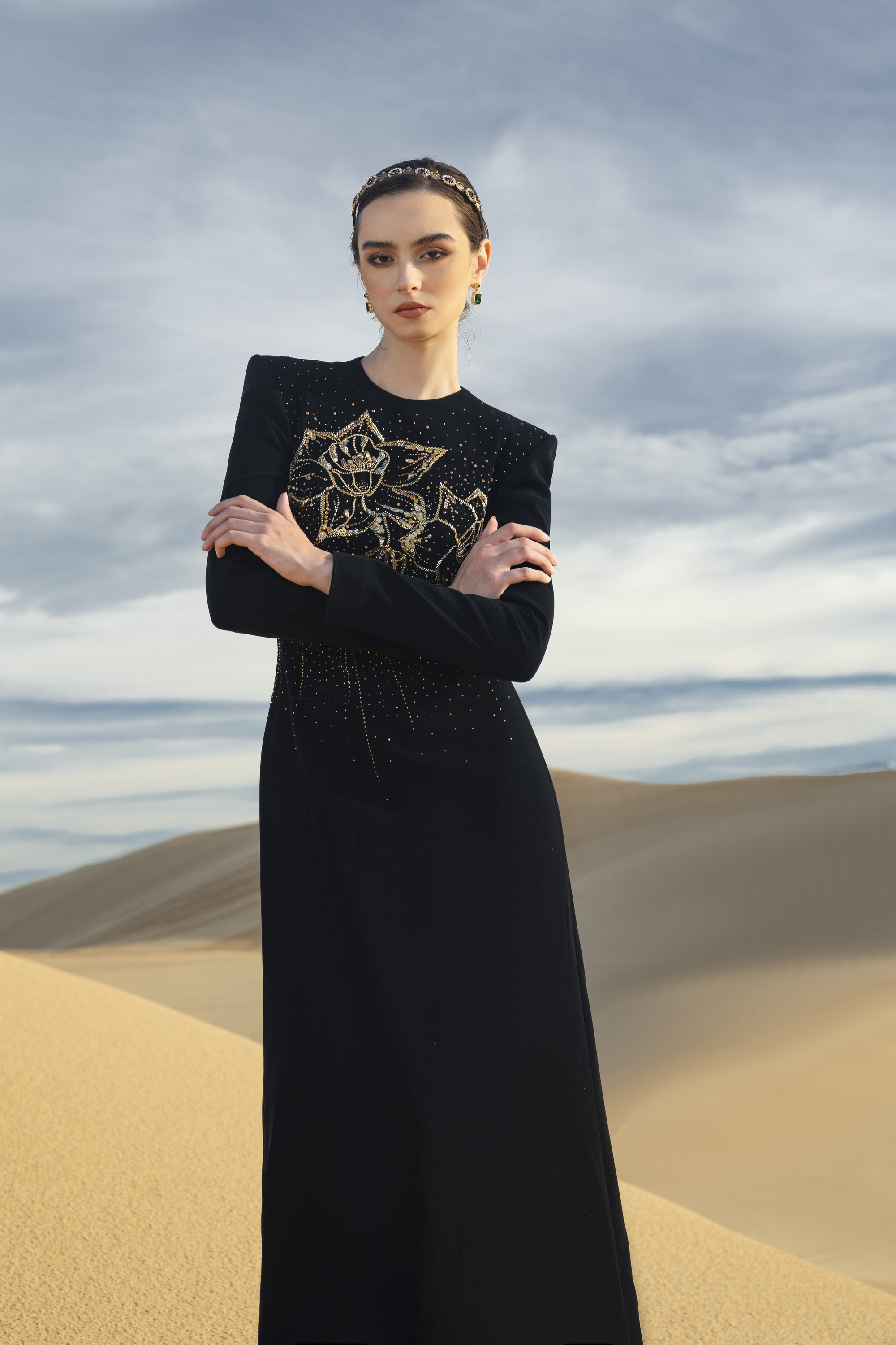 Floral Embellished Black Structured Maxi Gown