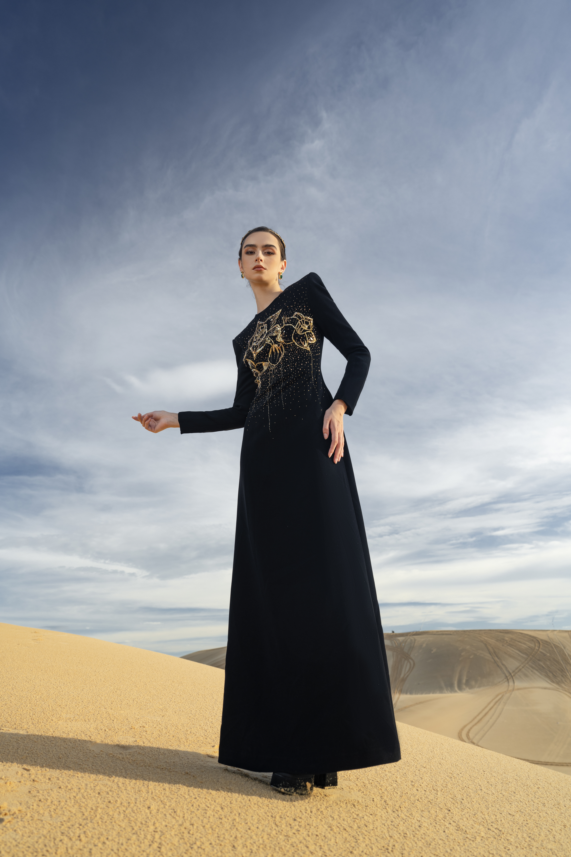 Floral Embellished Black Structured Maxi Gown