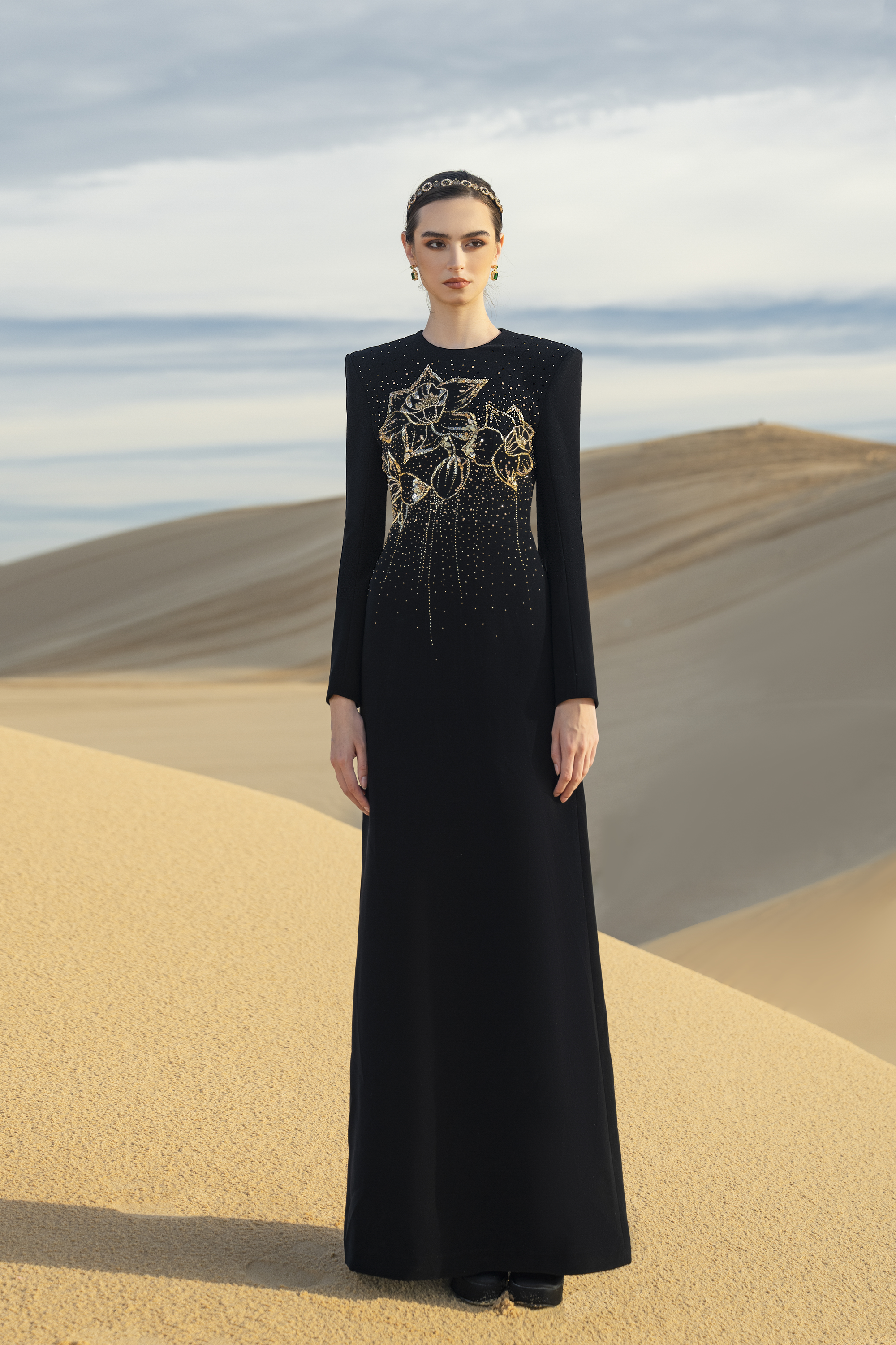 Floral Embellished Black Structured Maxi Gown