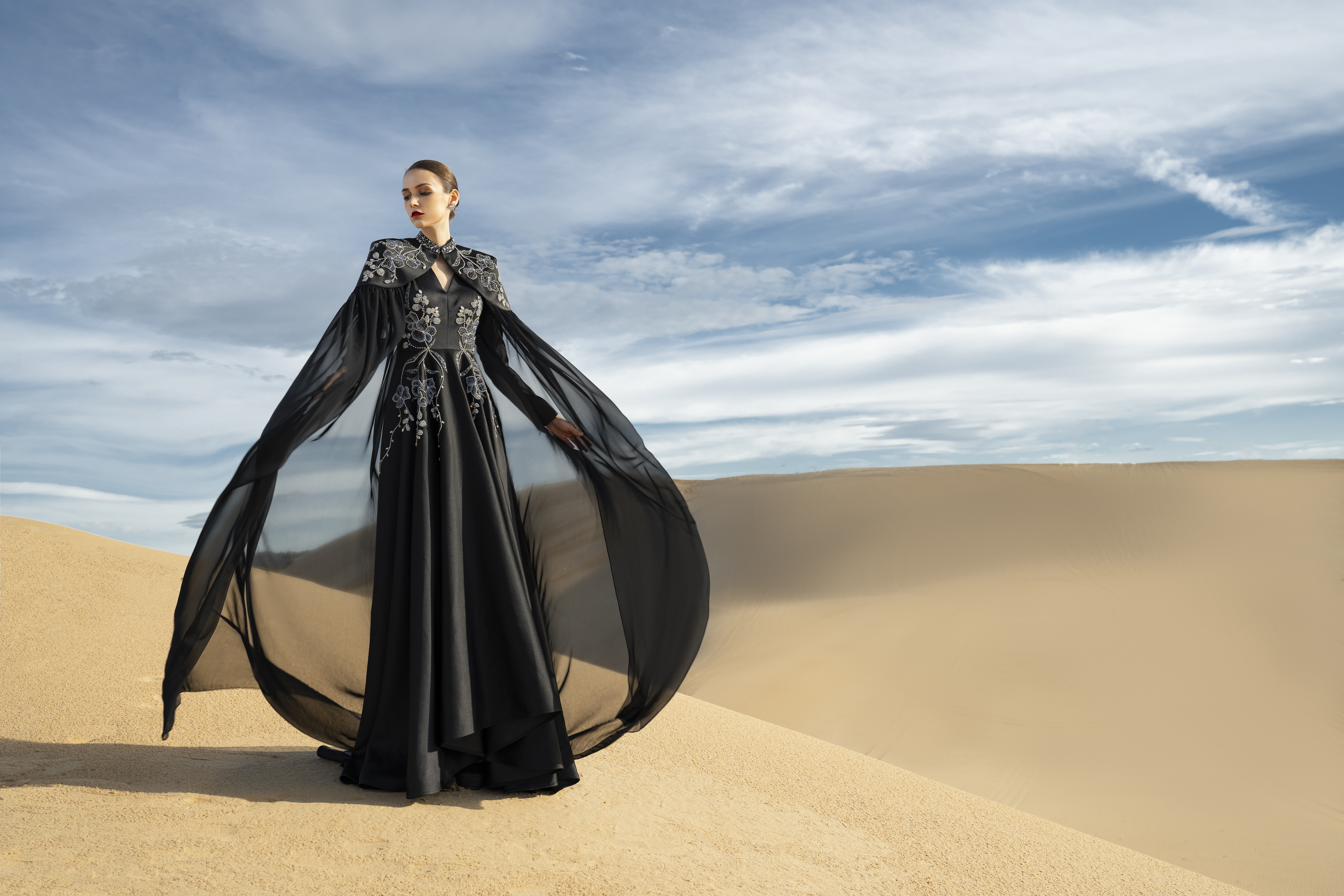 Floral Embellished Cape Black Maxi Gown