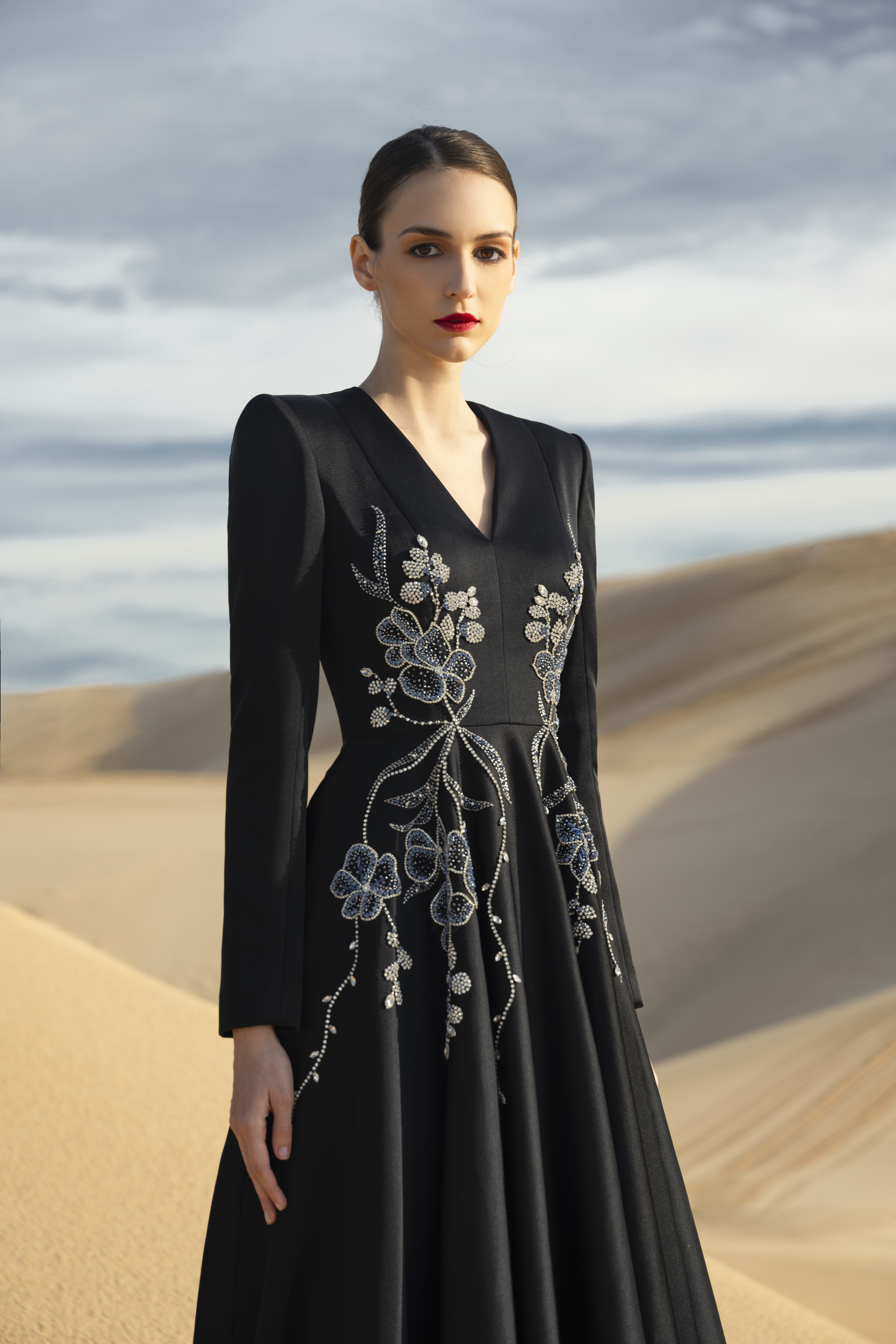 Floral Embroidered Black A-Line Maxi Gown
