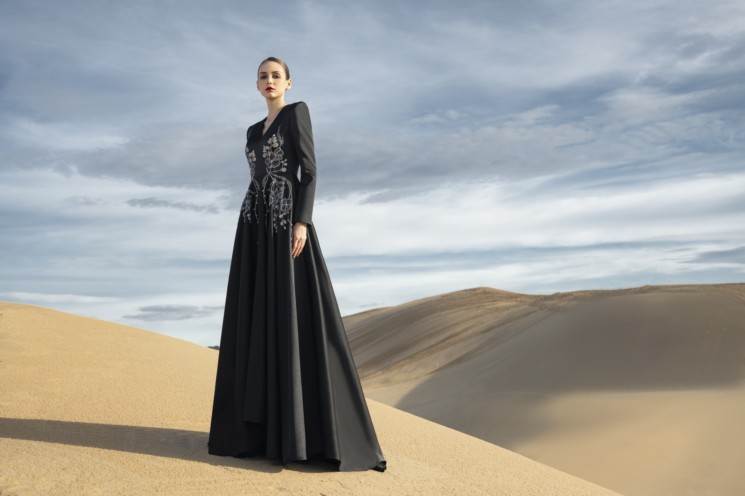 Floral Embroidered Black A-Line Maxi Gown