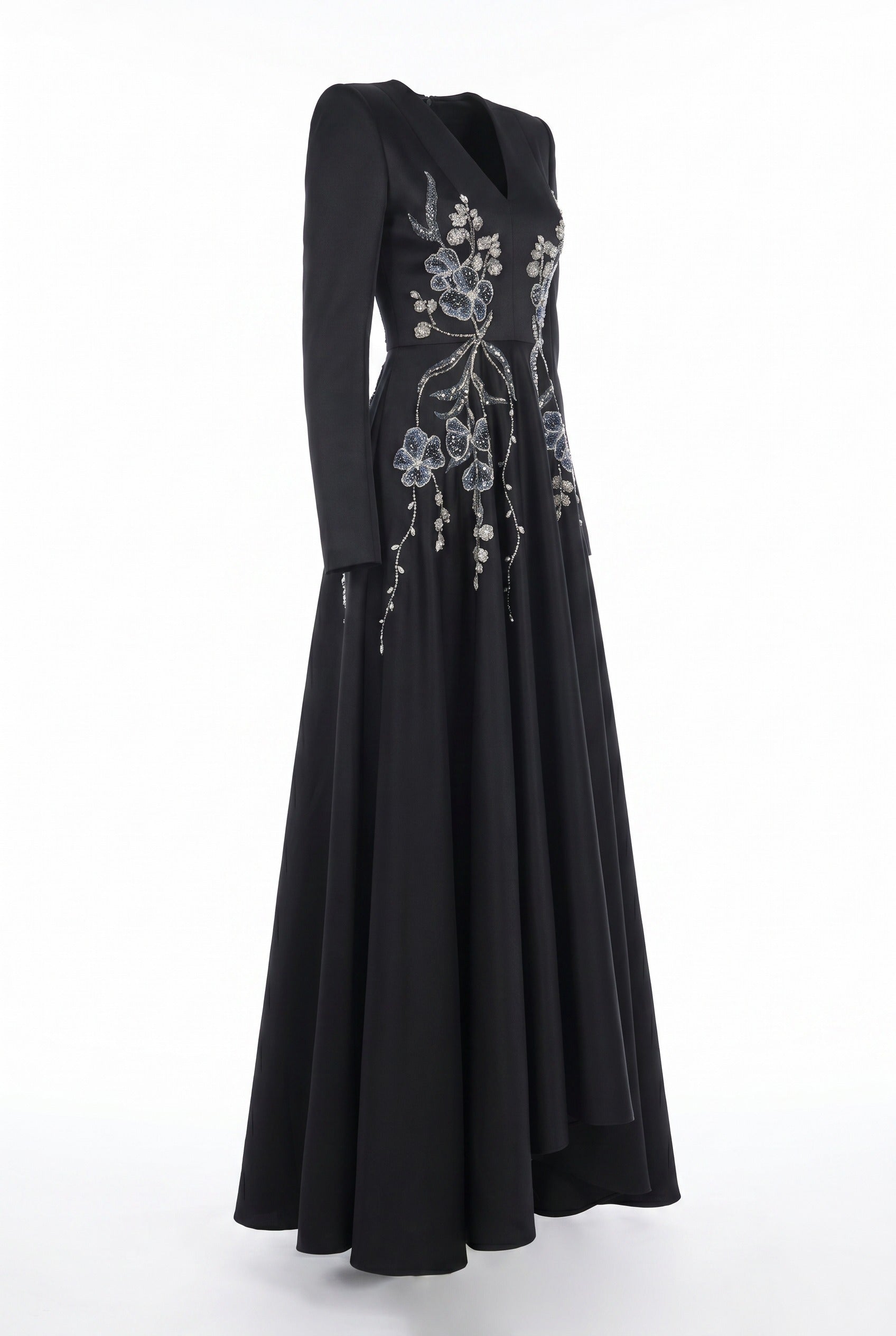 Floral Embroidered Black A-Line Maxi Gown