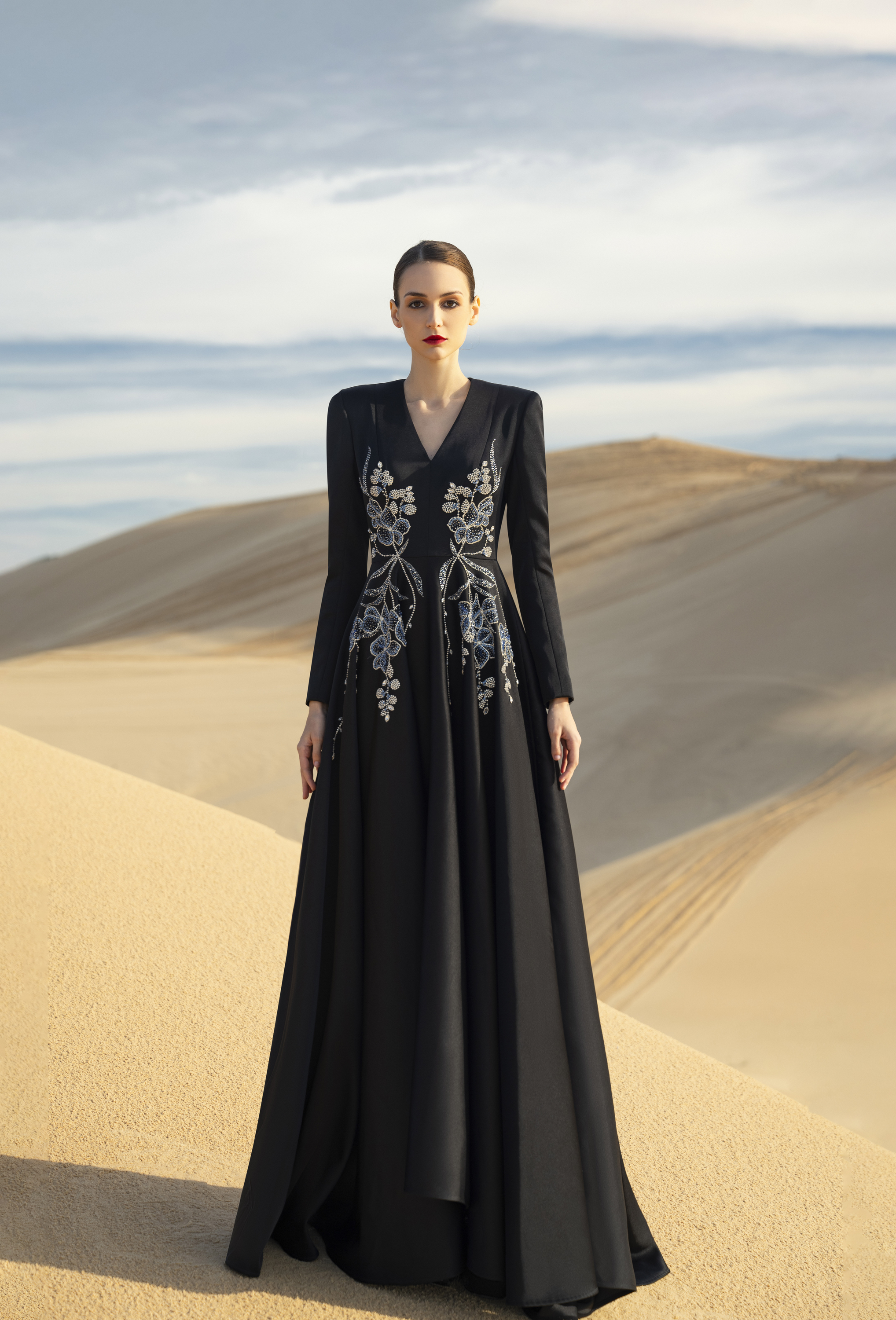 Floral Embroidered Black A-Line Maxi Gown