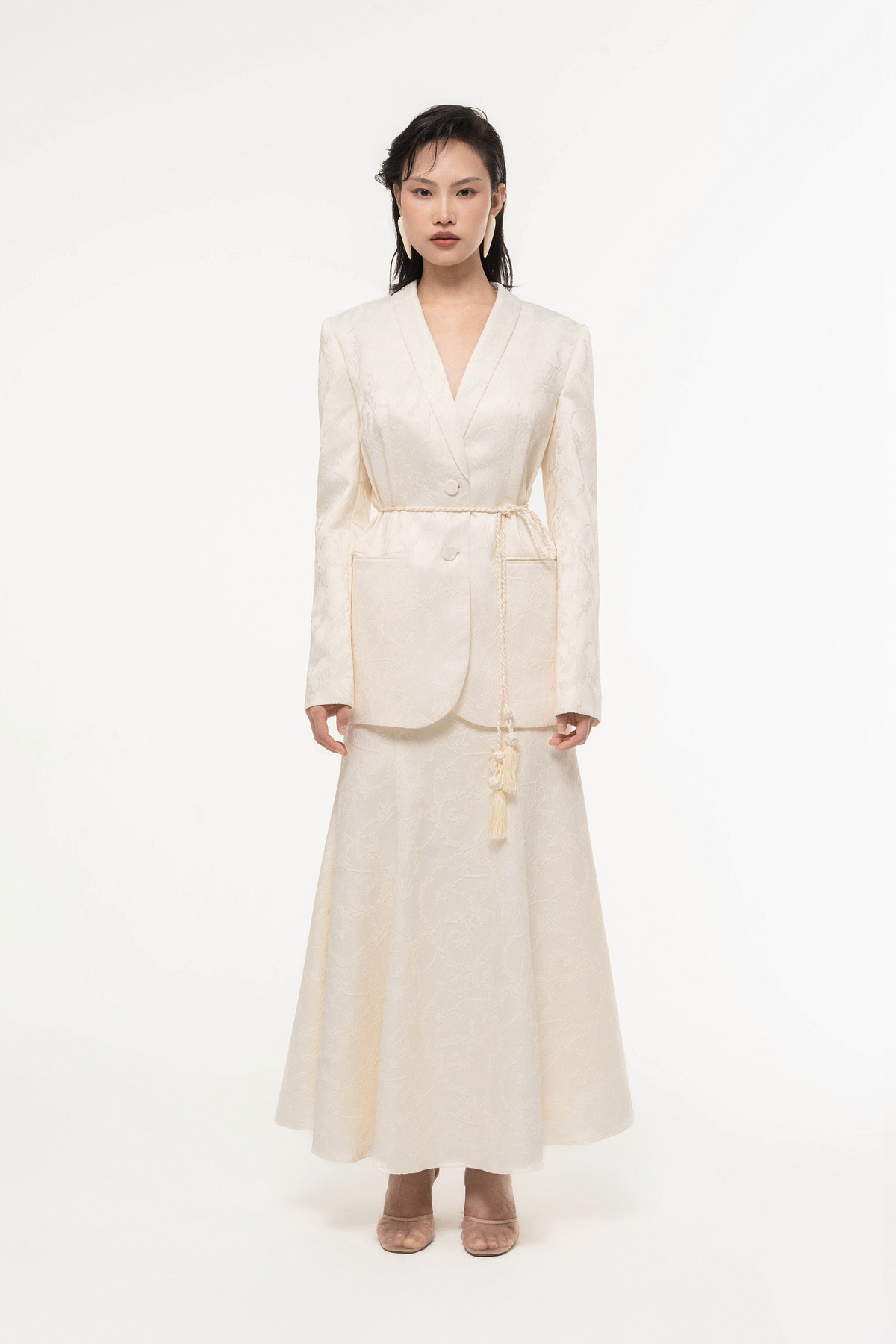 Floral Jacquard V-Neck Blazer Skirt Set Design