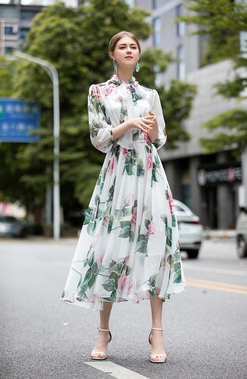 Floral Print Puff Sleeve Midi Dress - MD1081