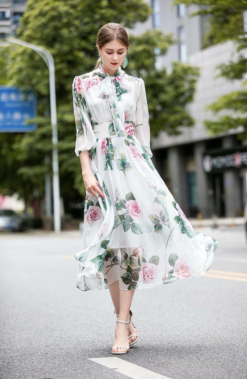 Floral Print Puff Sleeve Midi Dress - MD1081
