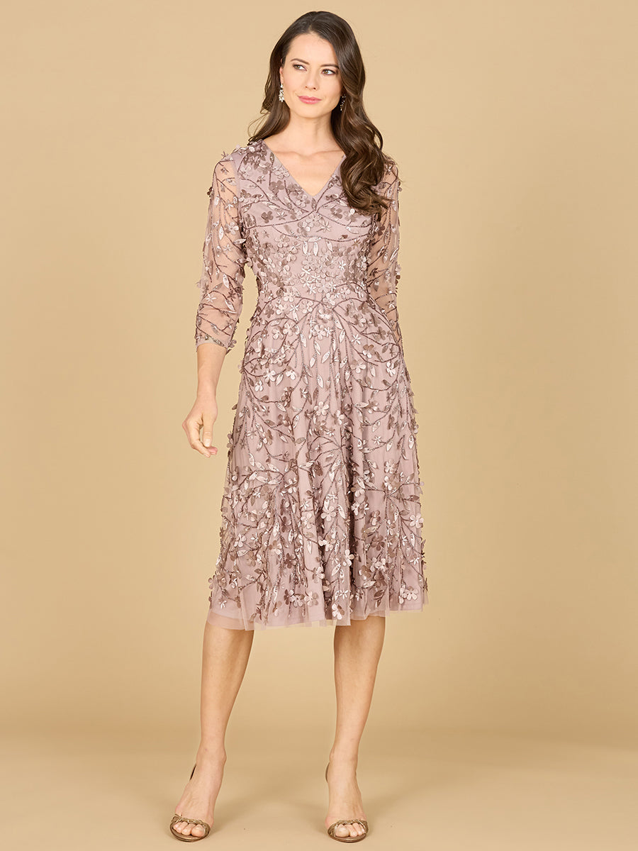 Flowing, 3D Embroidered Midi Dress with Sleeves 29184