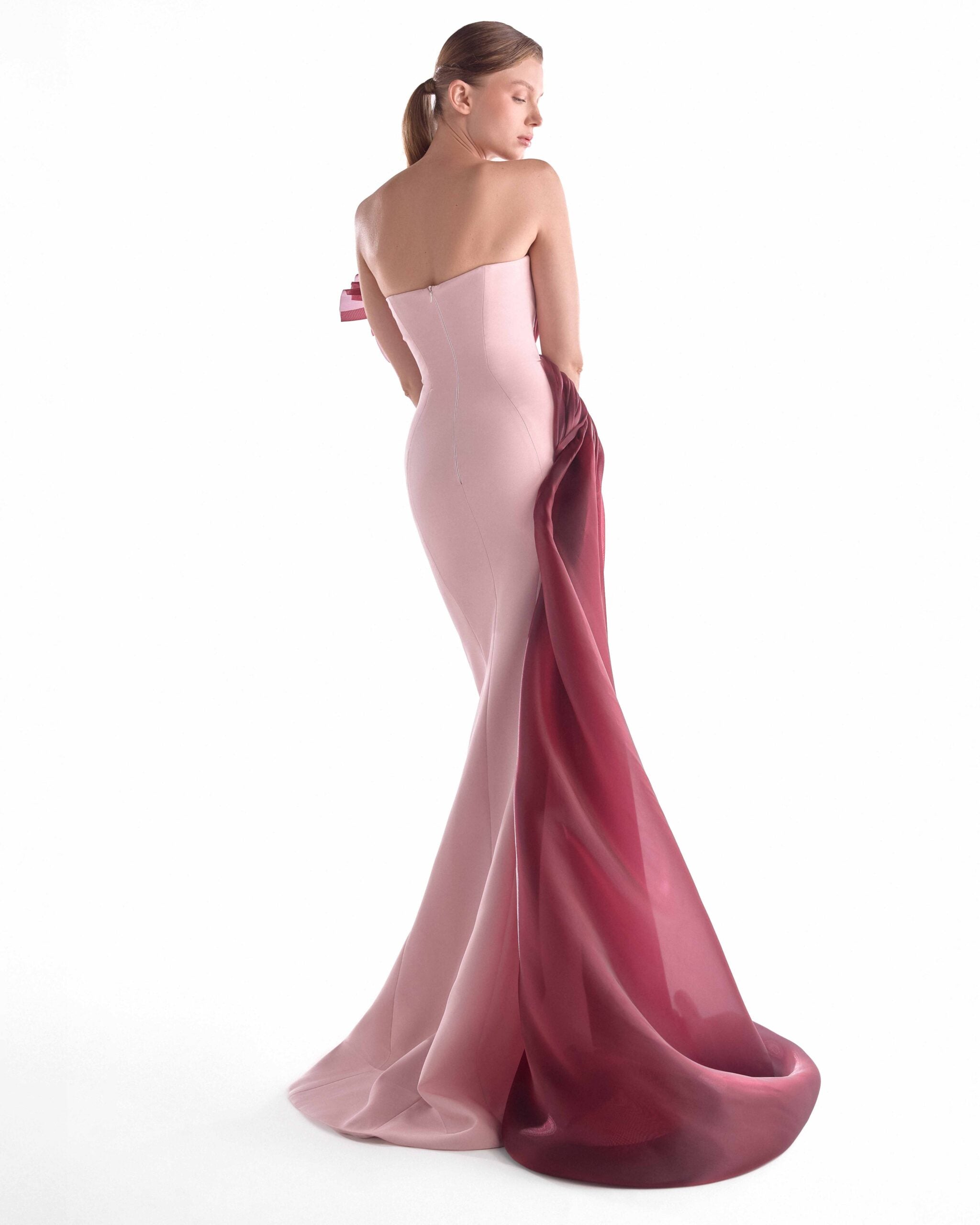 Fluid Crimson Flow on a Pink Crepe Evening Gown G2130