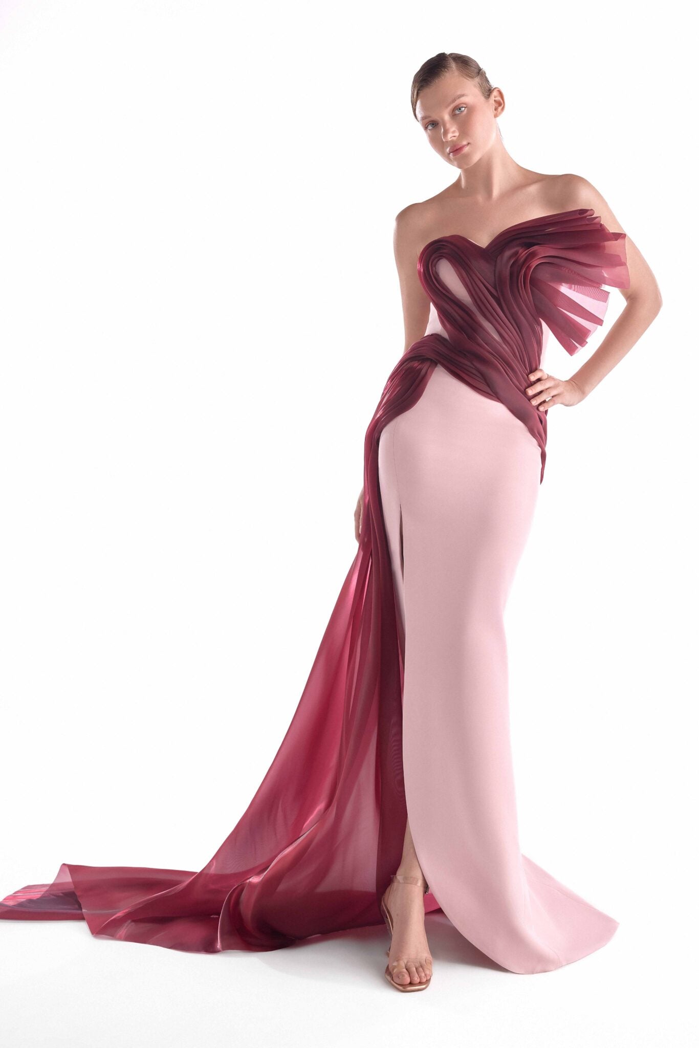 Fluid Crimson Flow on a Pink Crepe Evening Gown G2130