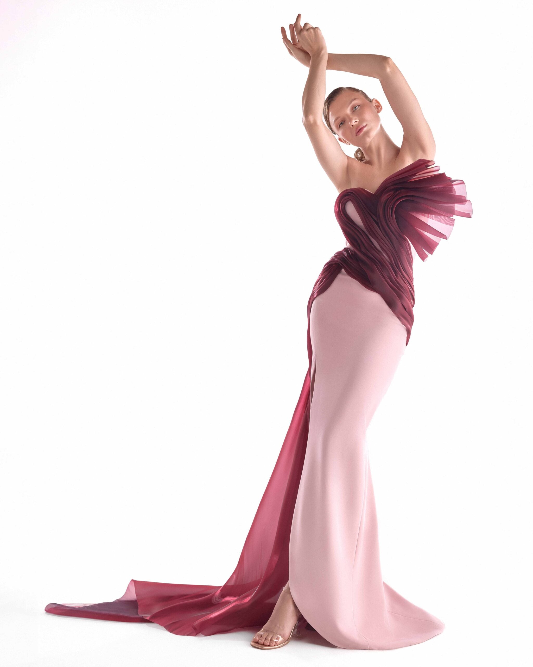 Fluid Crimson Flow on a Pink Crepe Evening Gown G2130
