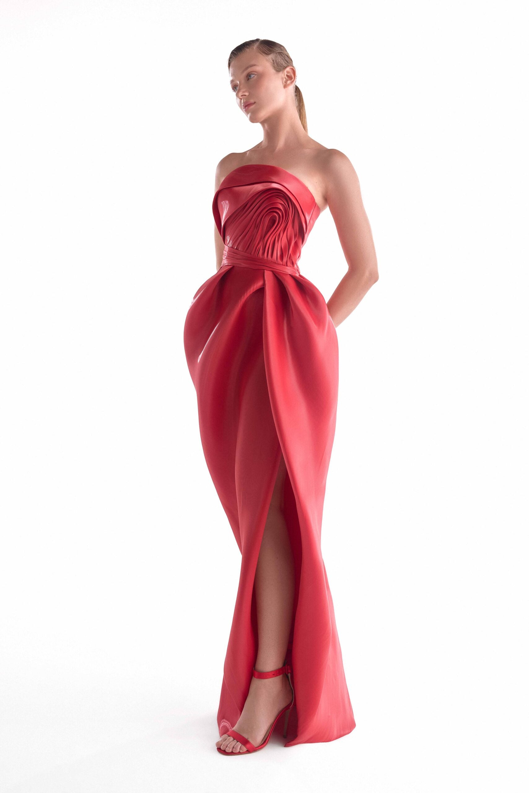 Fluid Red Tulip Draped Gown G2132