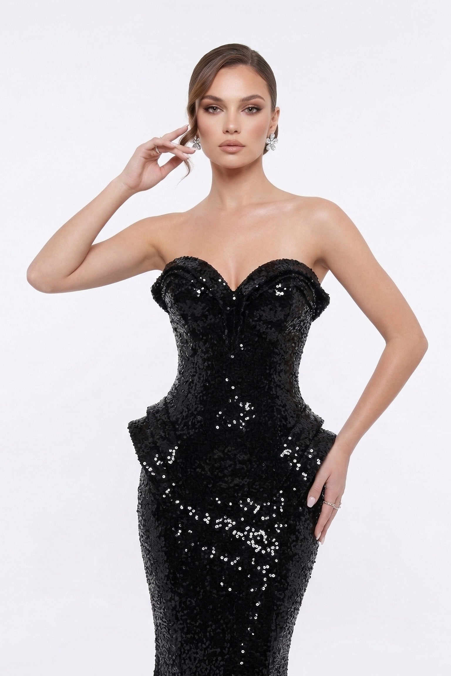 Fouad Sarkis F02263B Red Sequin Strapless Gown