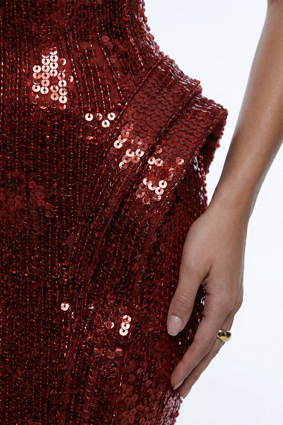 Fouad Sarkis F02263B Red Sequin Strapless Gown
