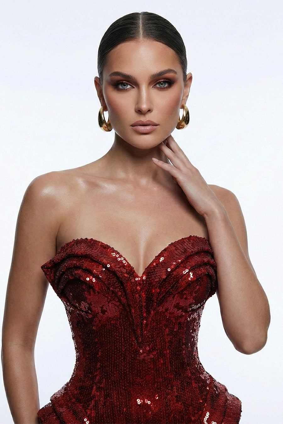 Fouad Sarkis F02263B Red Sequin Strapless Gown