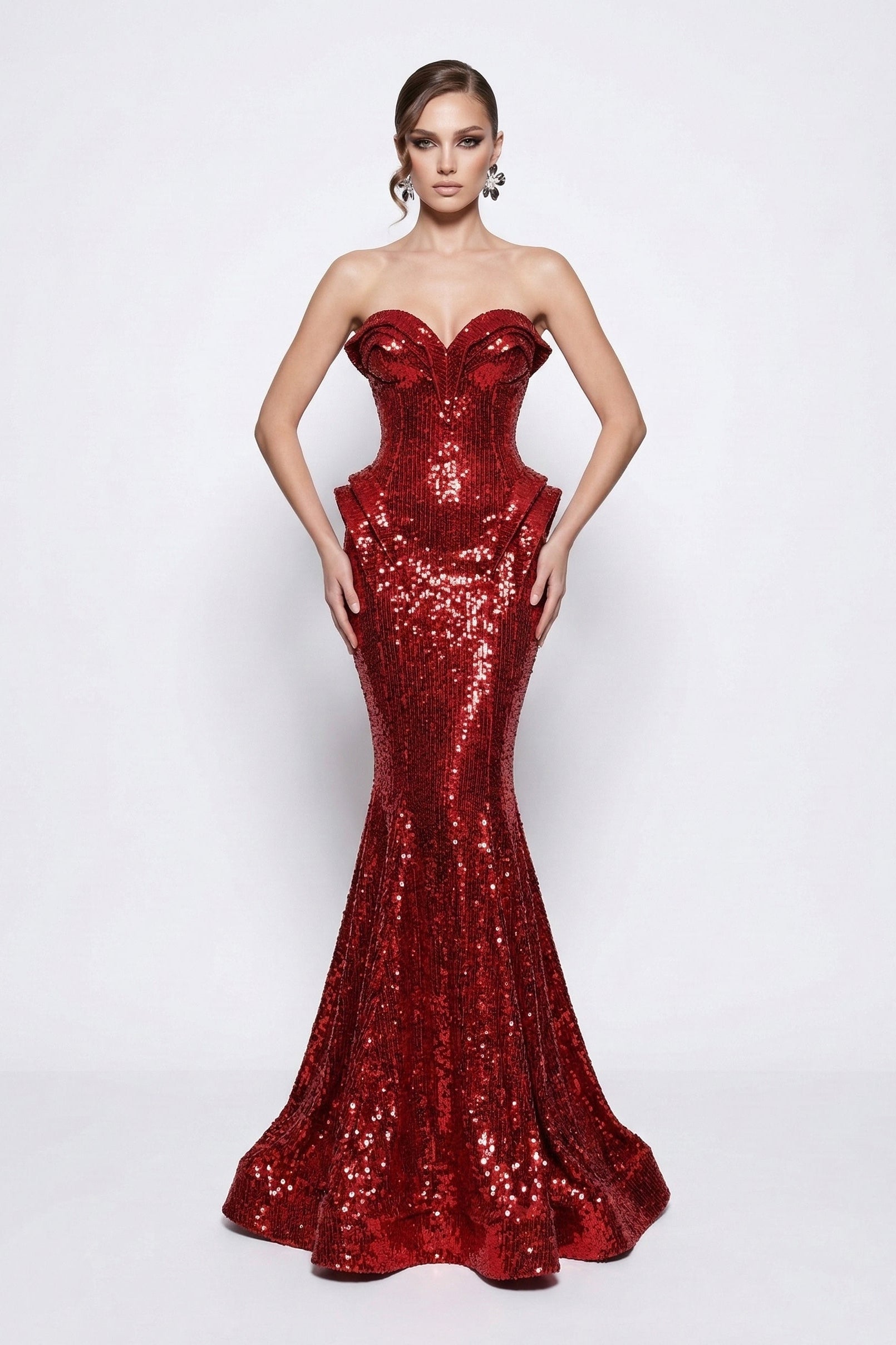 Fouad Sarkis F02263B Red Sequin Strapless Gown