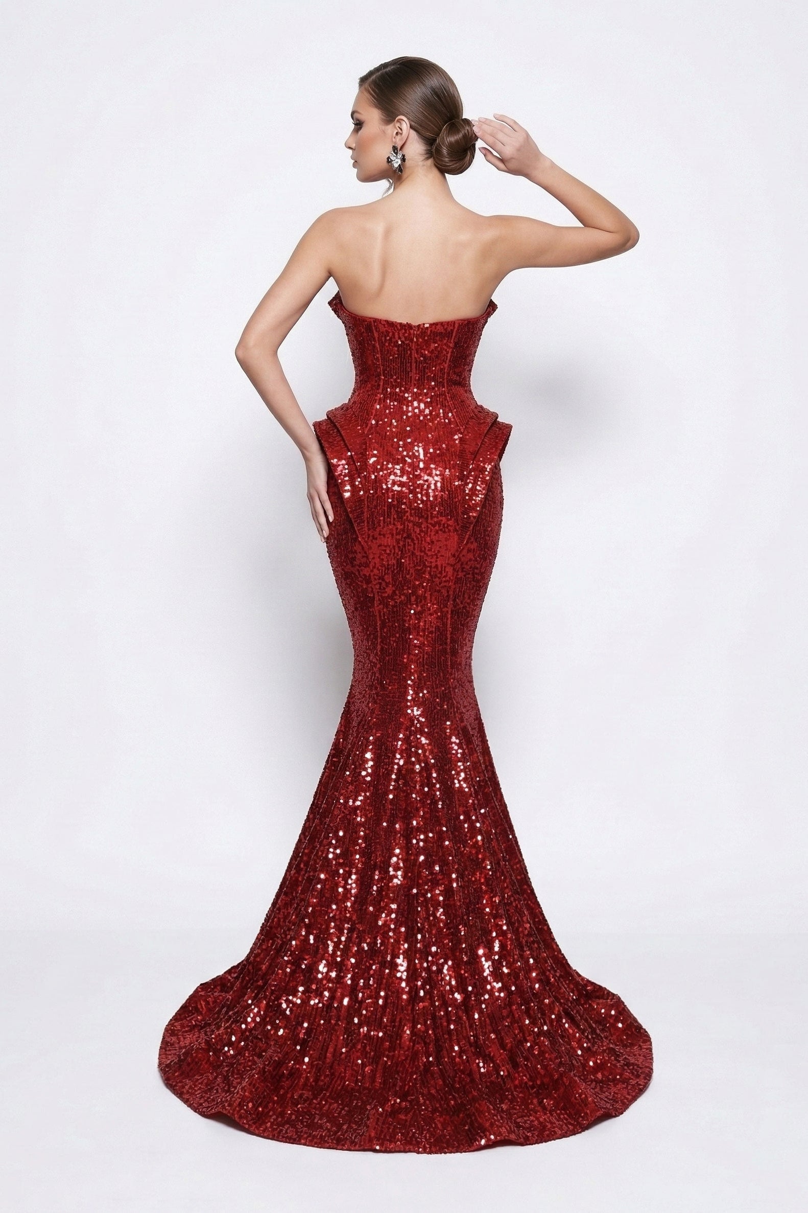 Fouad Sarkis F02263B Red Sequin Strapless Gown