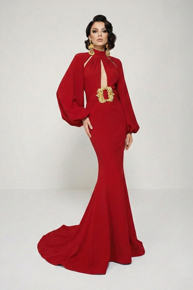 Fouad Sarkis F02373 Black High-Neck Keyhole Gown