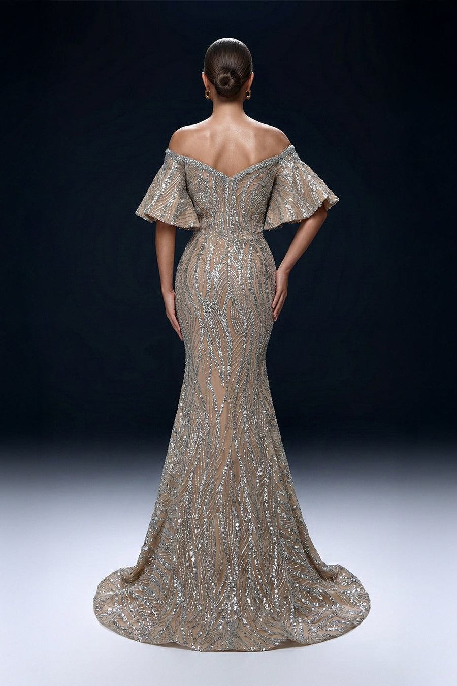 Fouad Sarkis F02529A Nude Silver Sequin Mermaid Gown