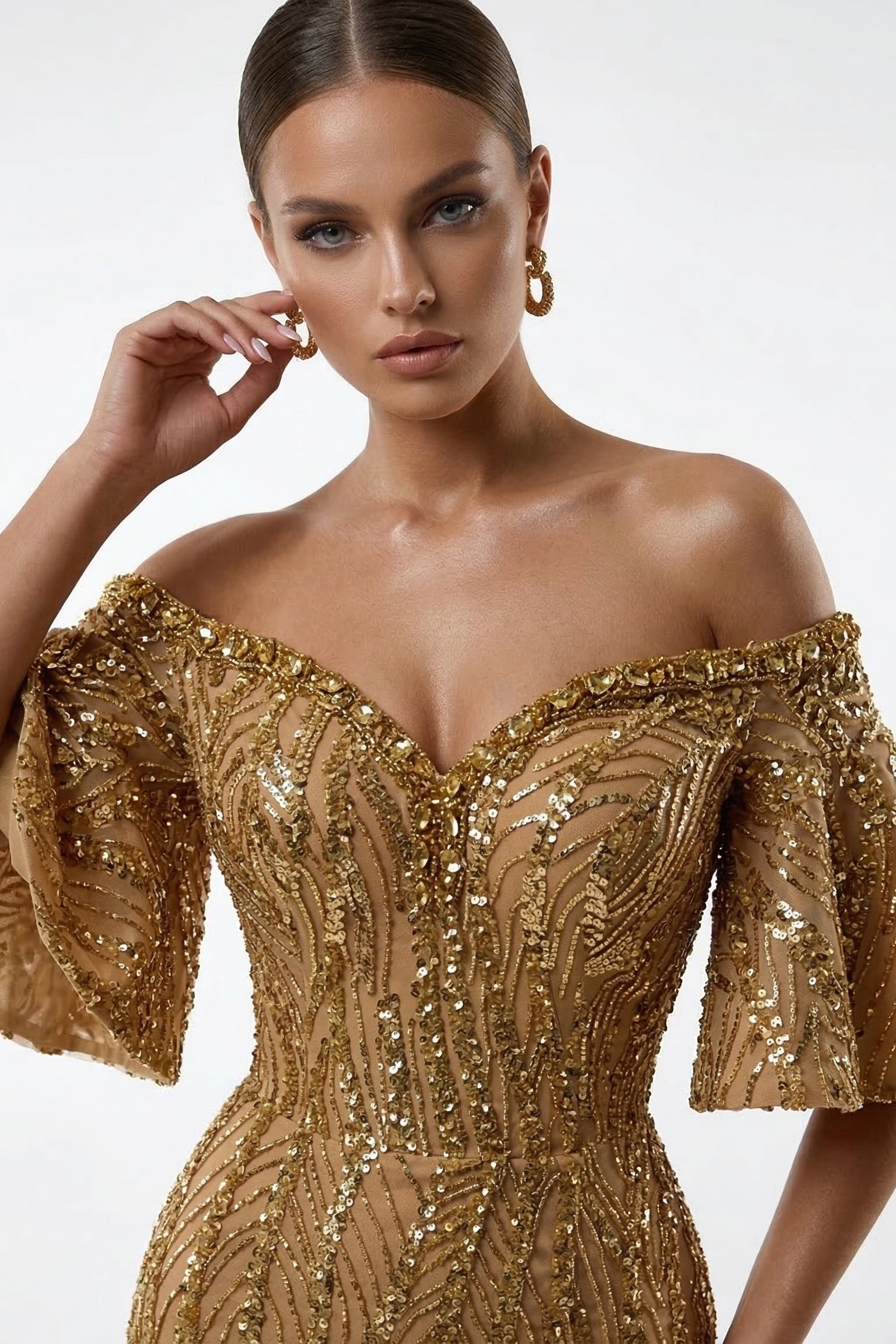 Fouad Sarkis F02529A Nude Silver Sequin Mermaid Gown