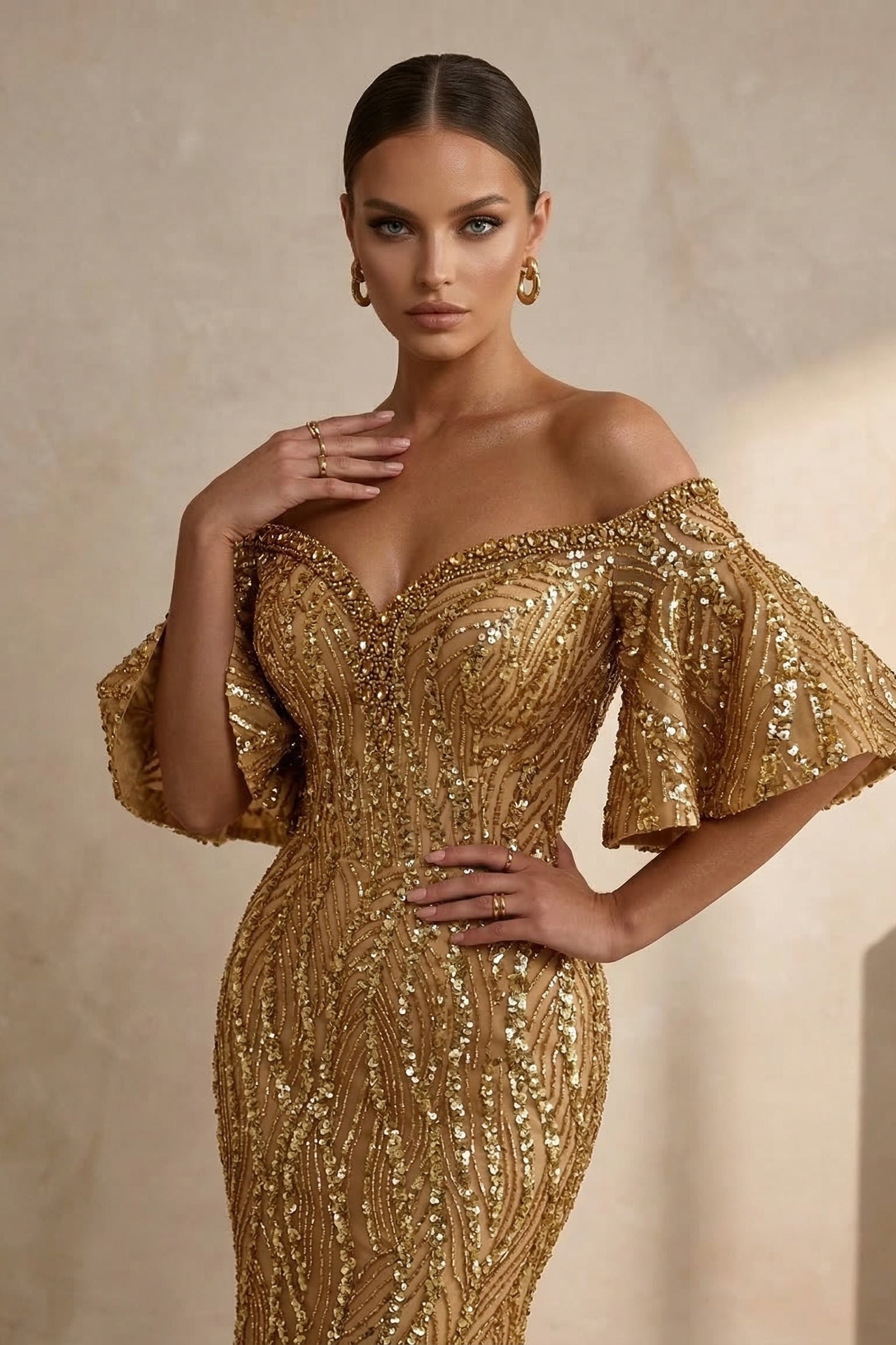 Fouad Sarkis F02529A Nude Silver Sequin Mermaid Gown