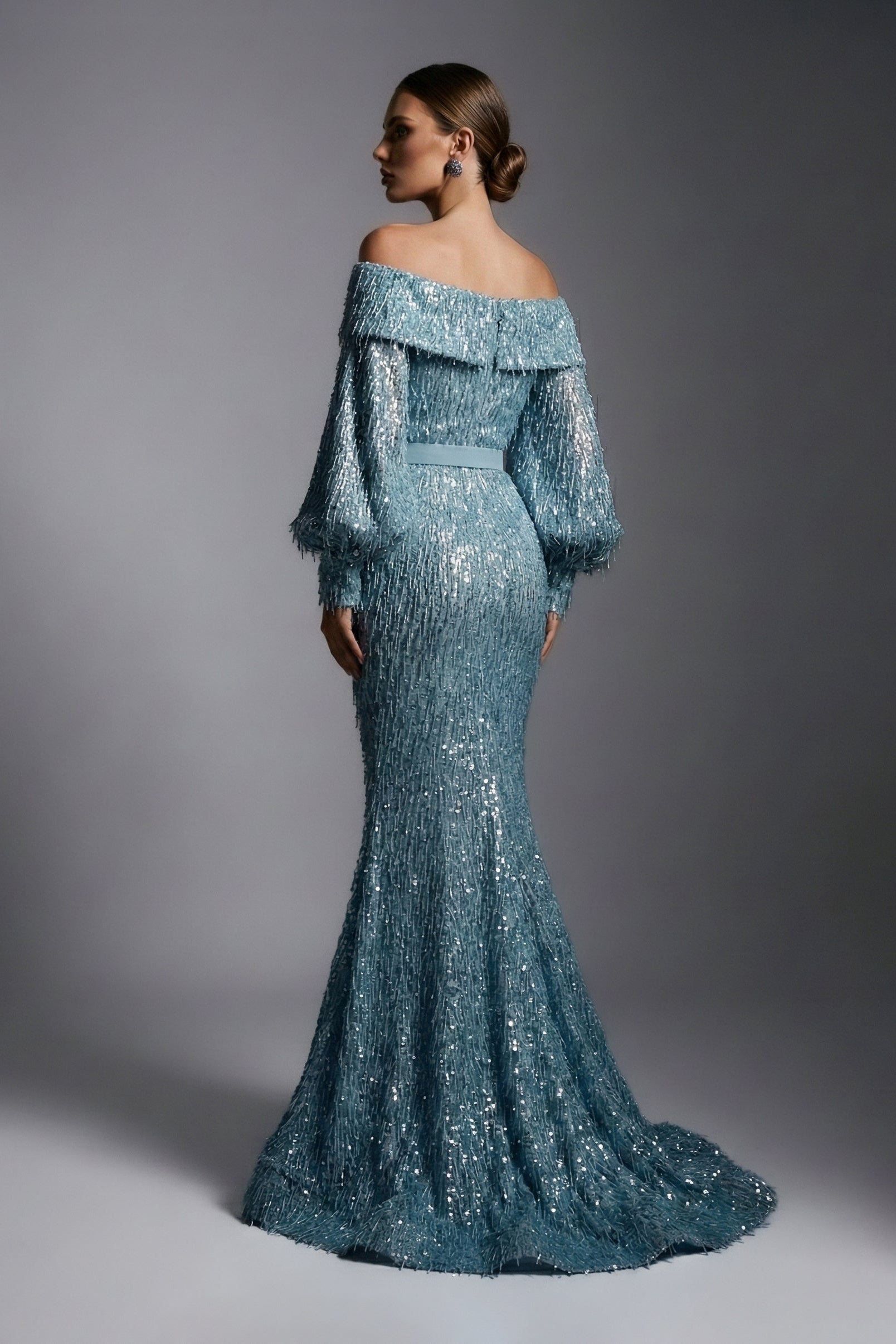 Fouad Sarkis F02752A Gold Off-Shoulder Voluminous Sleeve Gown