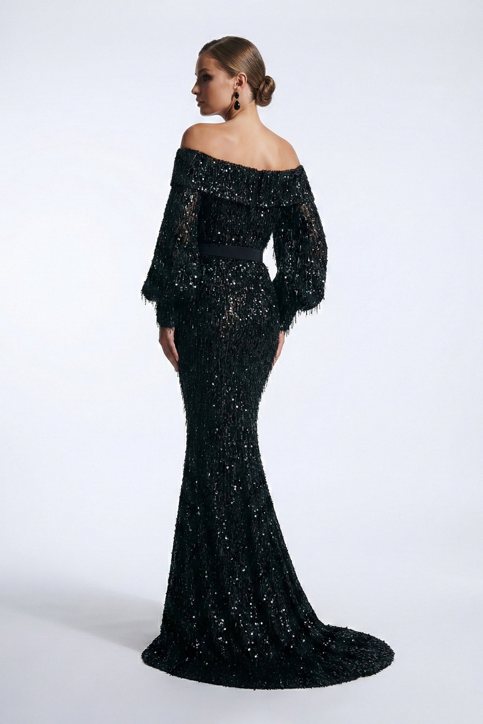 Fouad Sarkis F02752A Gold Off-Shoulder Voluminous Sleeve Gown