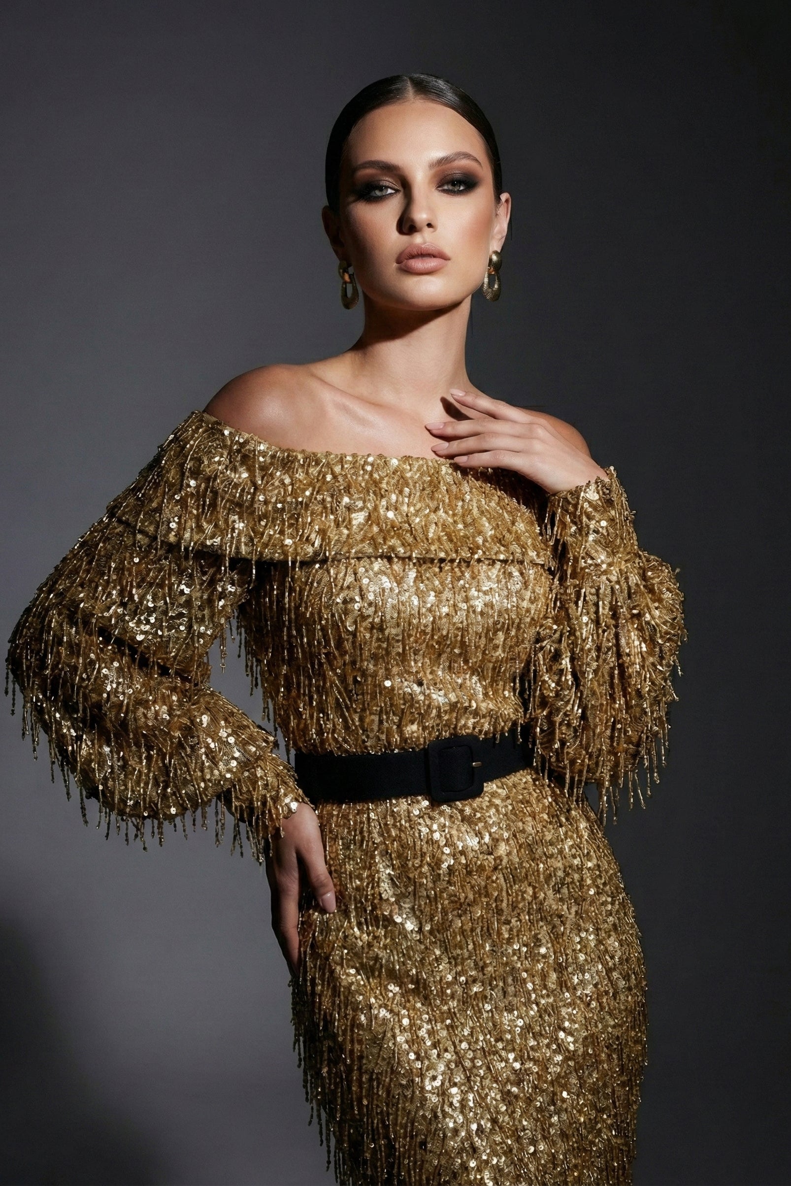 Fouad Sarkis F02752A Gold Off-Shoulder Voluminous Sleeve Gown